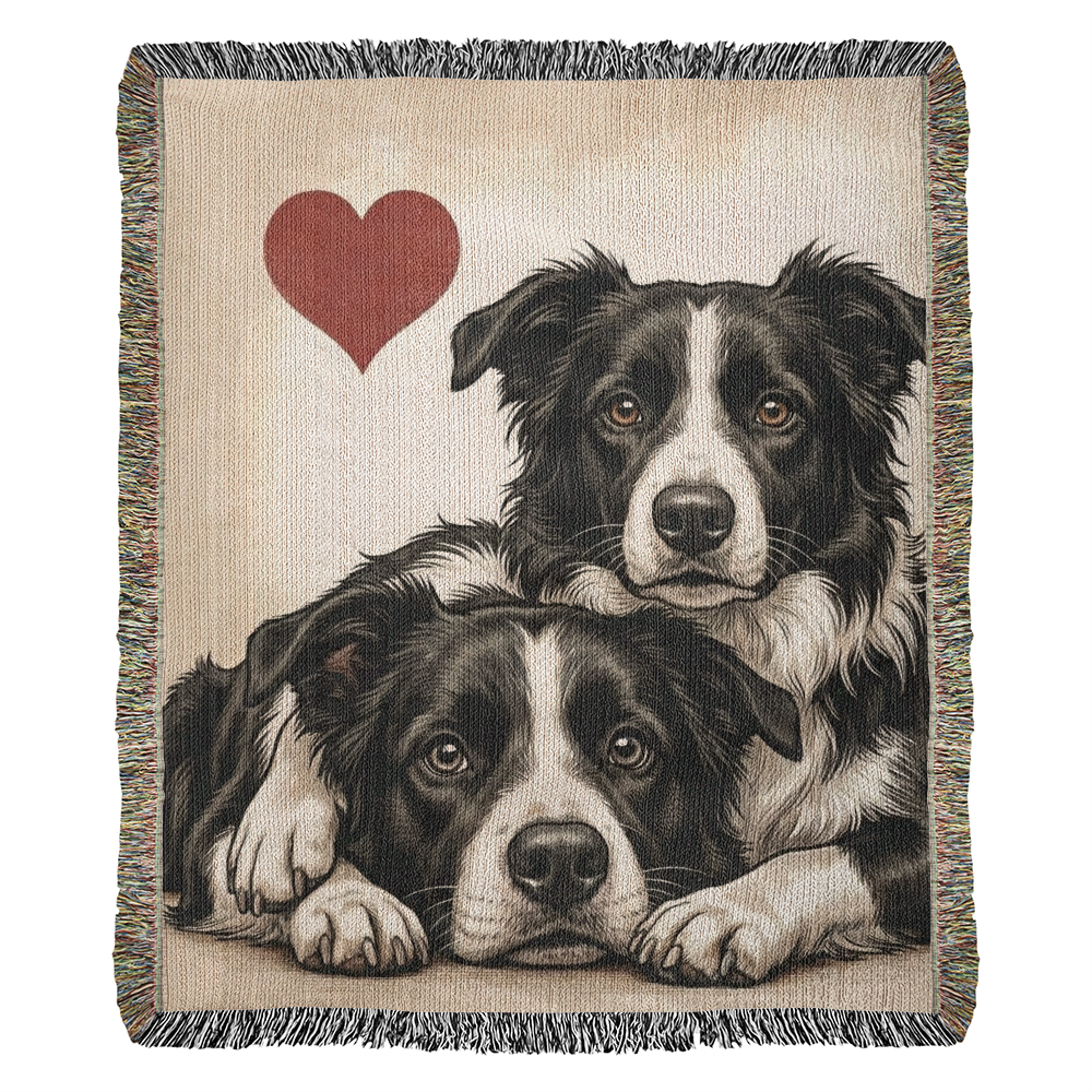 Two Border Collies Love Portrait Fringe Woven Blanket . 50" x 60"