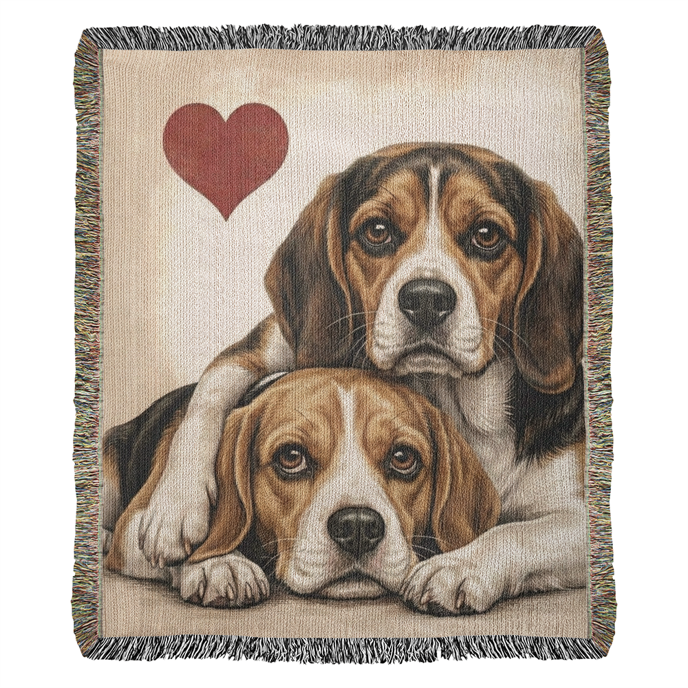 Two Beagles Love Portrait Fringe Woven Blanket . 50" x 60"