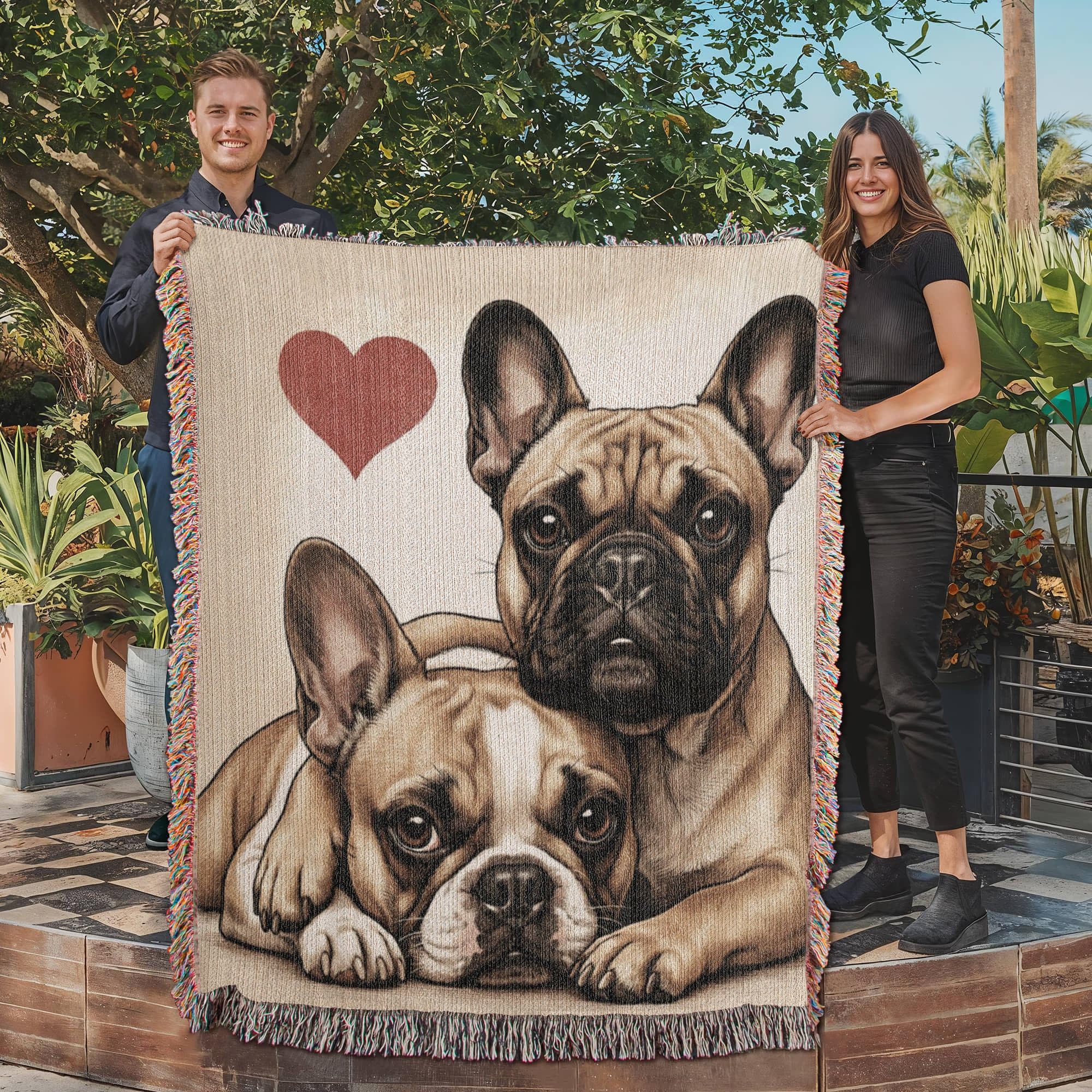 Two French Bulldogs Love Portrait Fringe Woven Blanket .