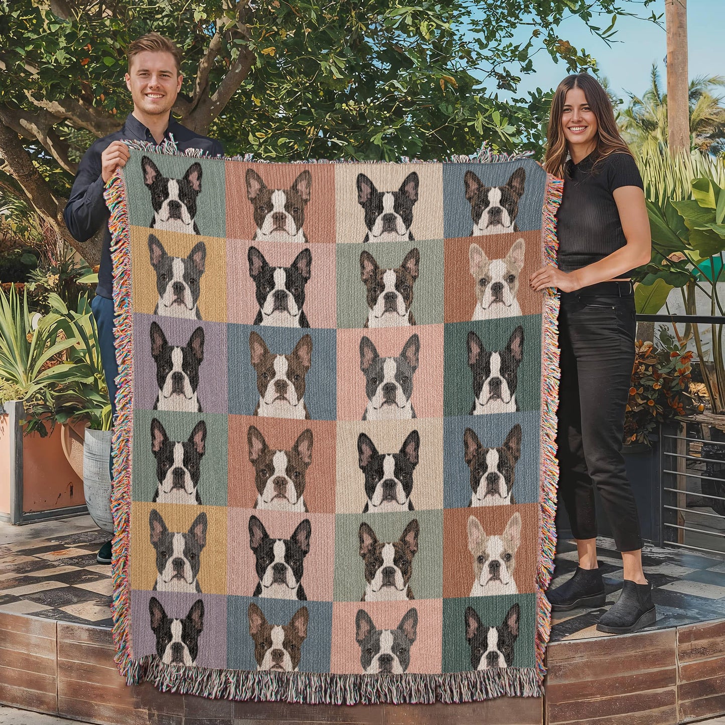 Pop Art Style Colored Boston Terriers Modern Tiles Pattern Woven Blanket .