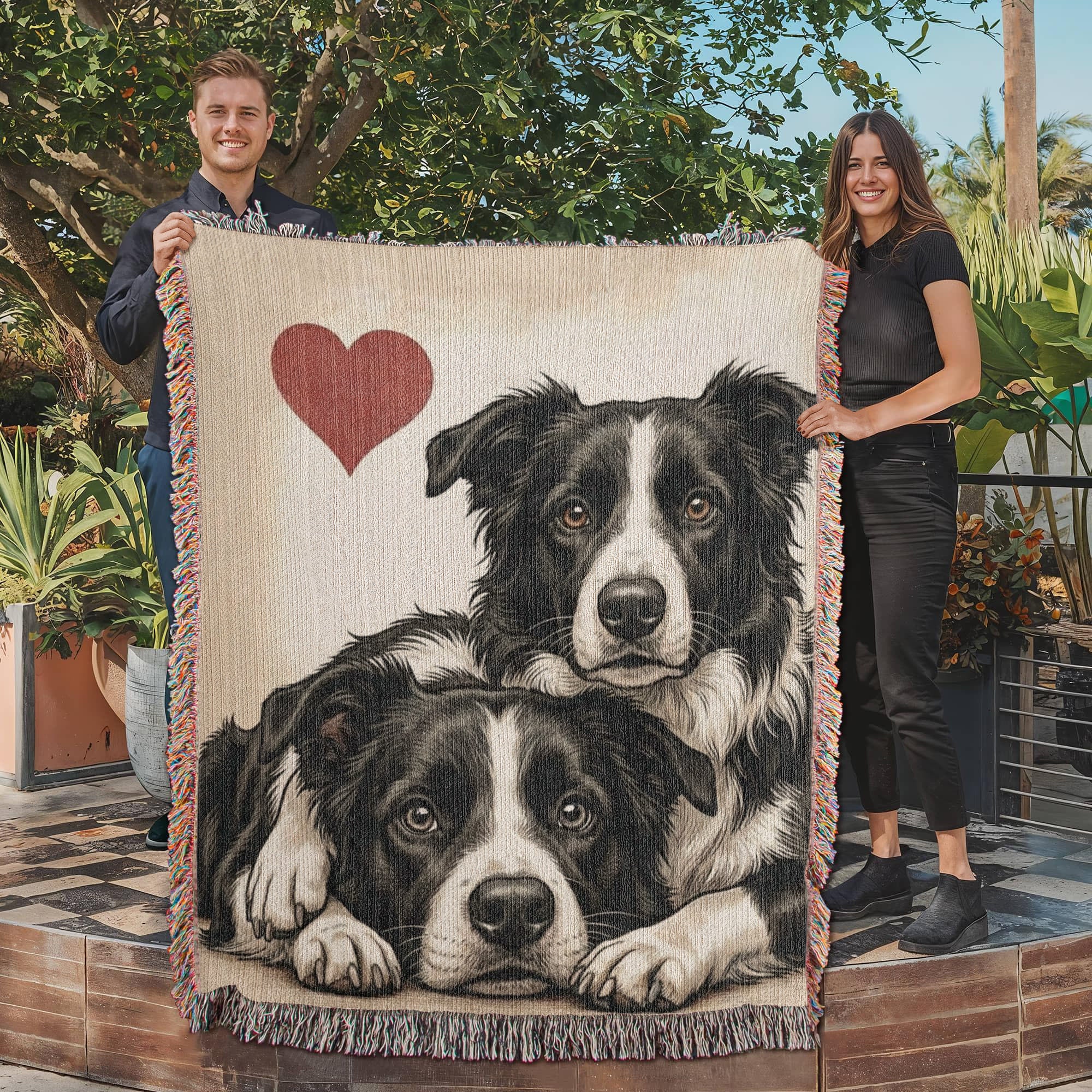 Two Border Collies Love Portrait Fringe Woven Blanket .