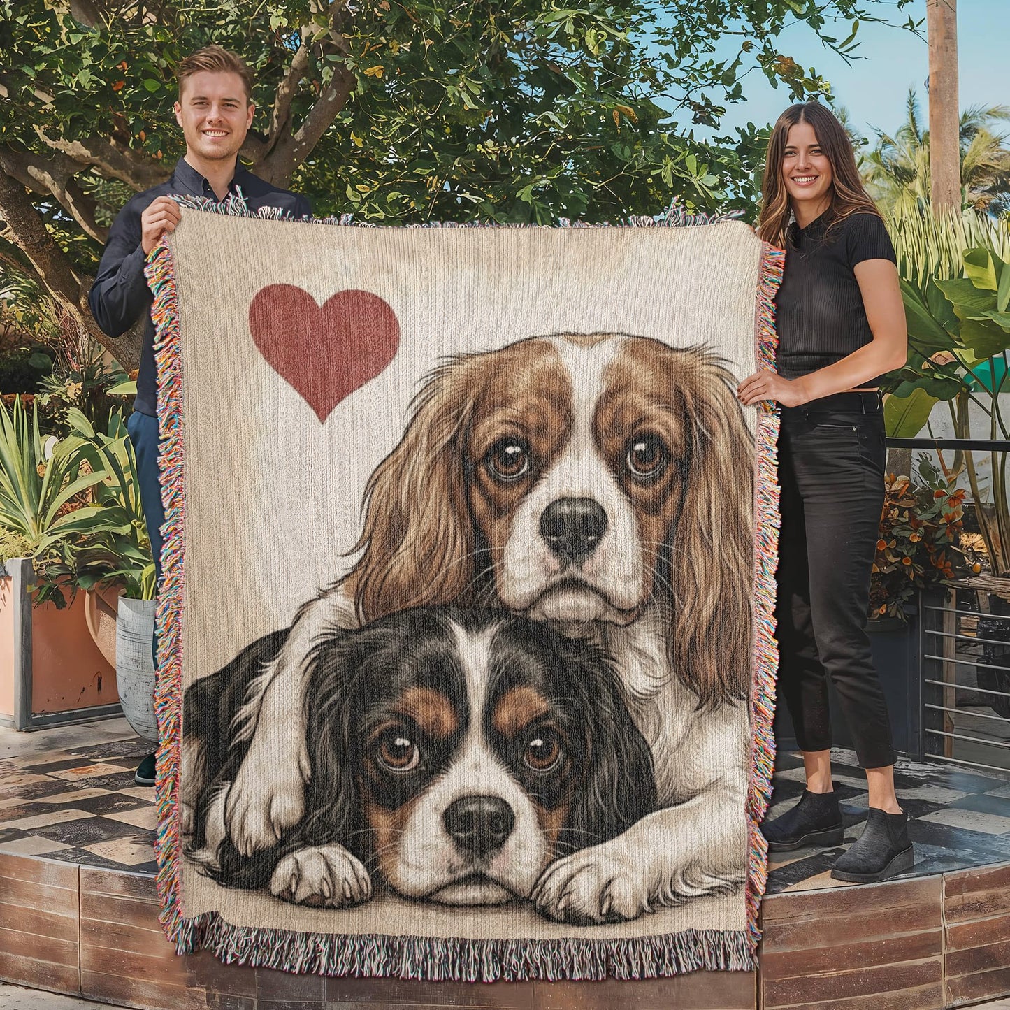 Two Cavalier King Charles Spaniels Love Portrait Fringe Woven Blanket .