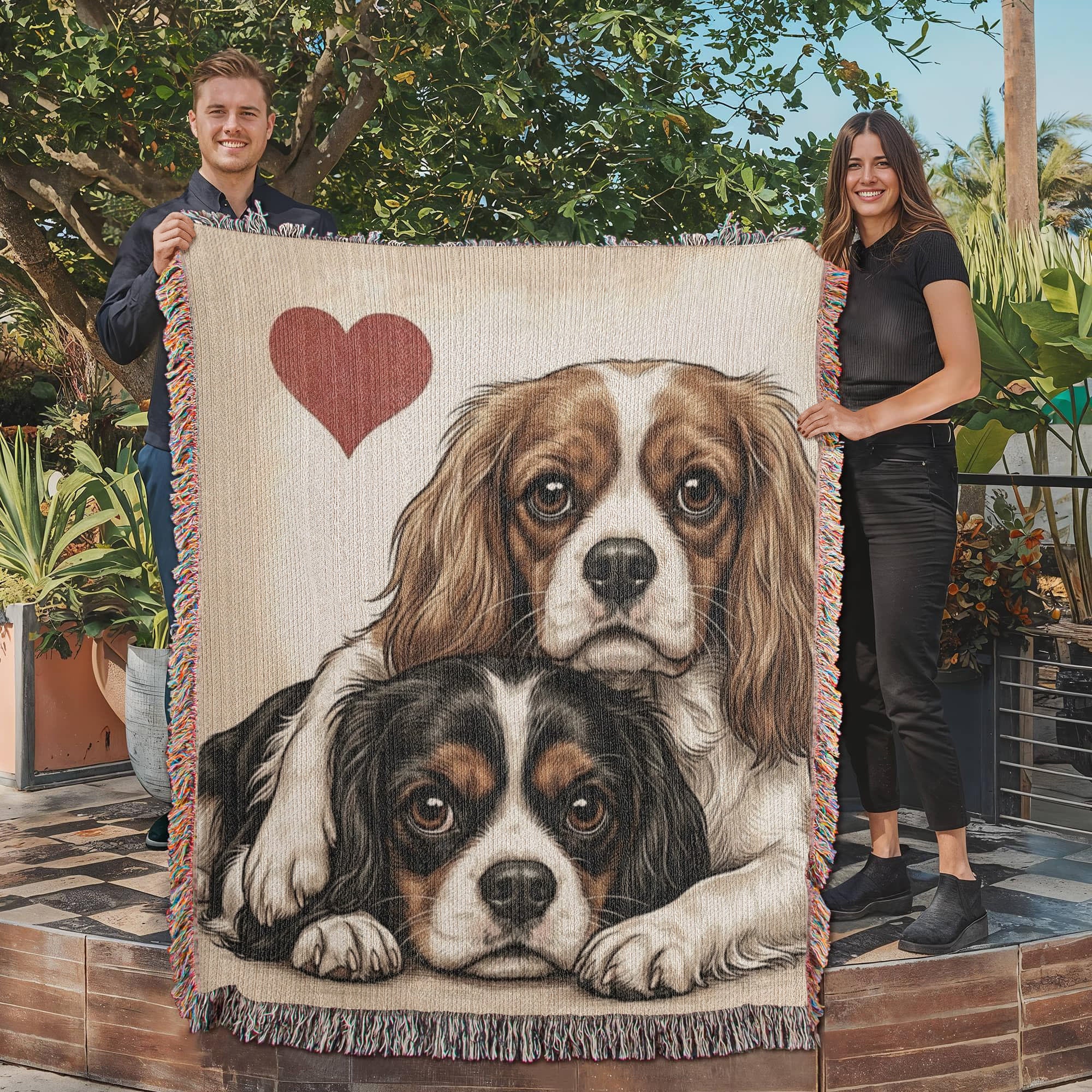 Two Cavalier King Charles Spaniels Love Portrait Fringe Woven Blanket .