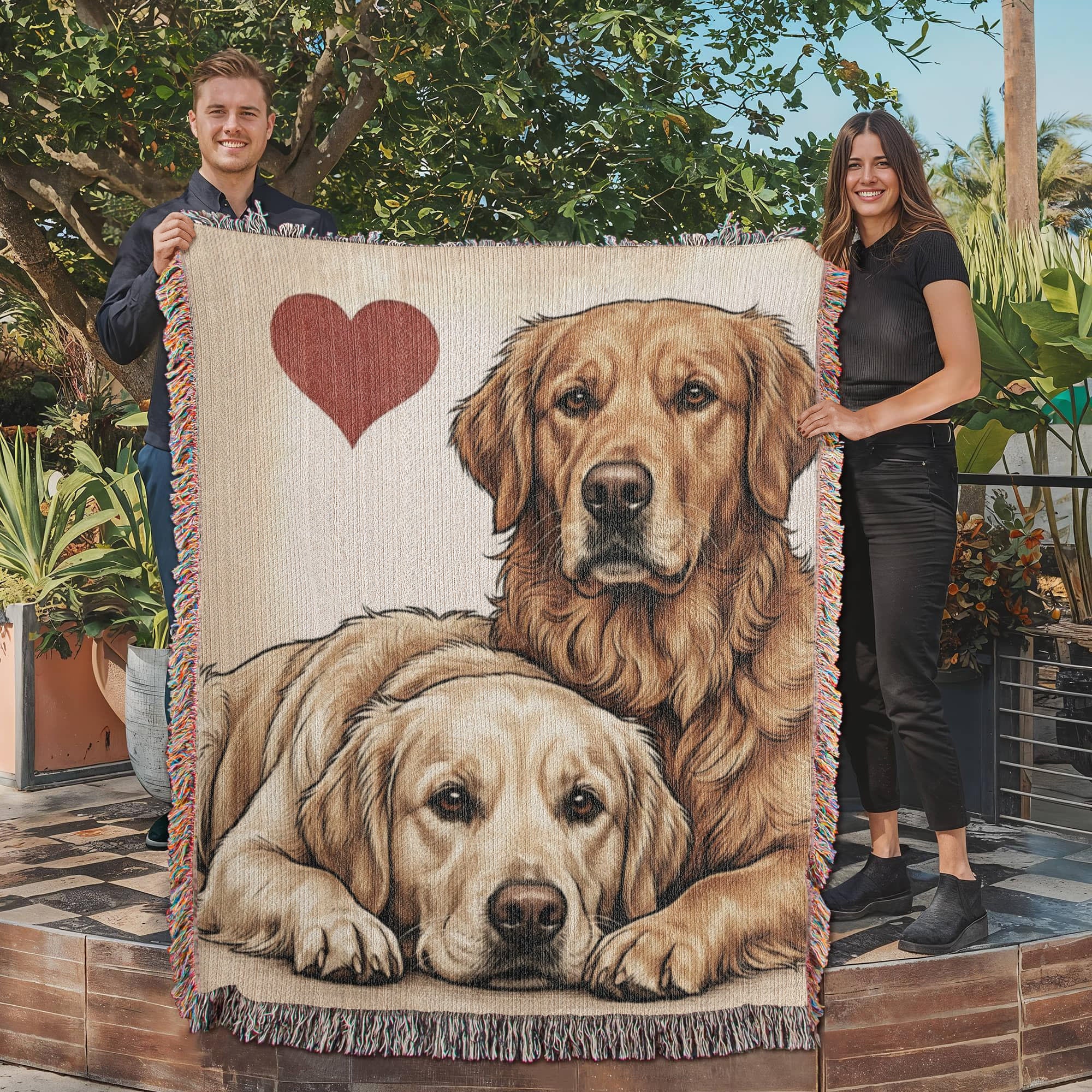 Two Golden Retrievers Love Portrait Fringe Woven Blanket .