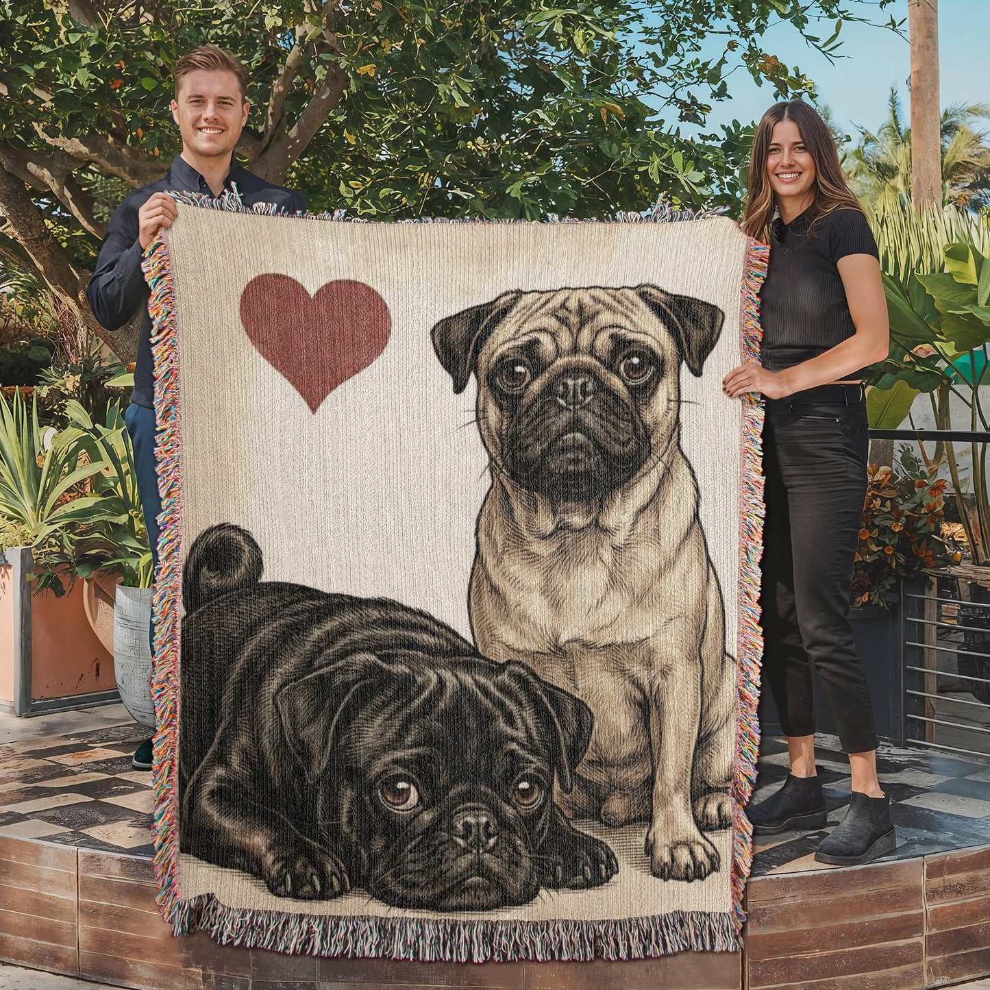 Two Pugs Love Portrait Fringe Woven Blanket .