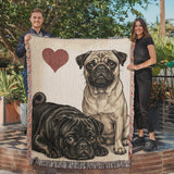 Two Pugs Love Portrait Fringe Woven Blanket .