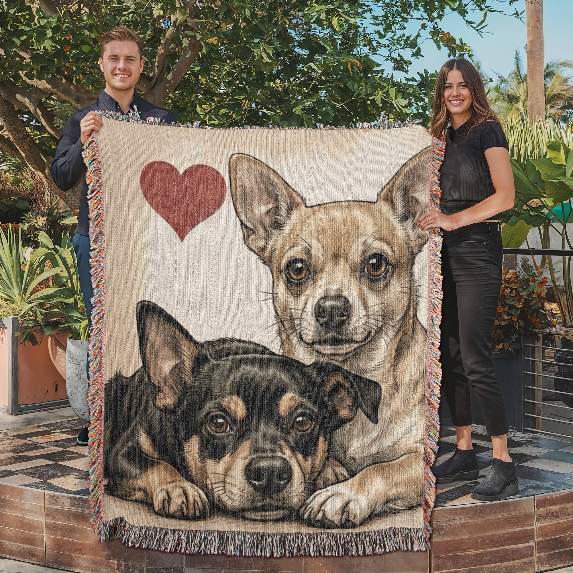 Two Chihuahuas Love Portrait Fringe Woven Blanket