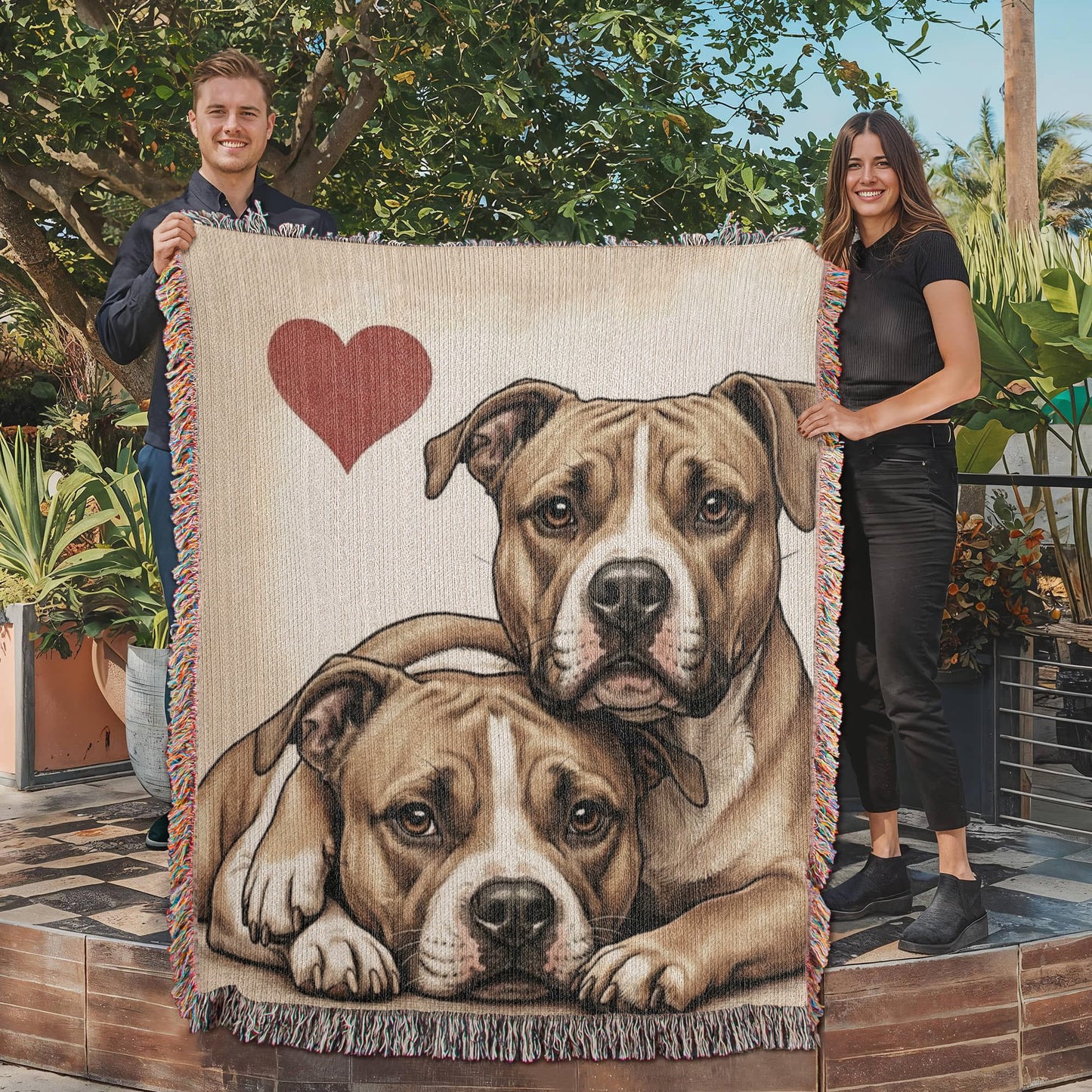 Two Pit Bulls Love Portrait Fringe Woven Blanket .