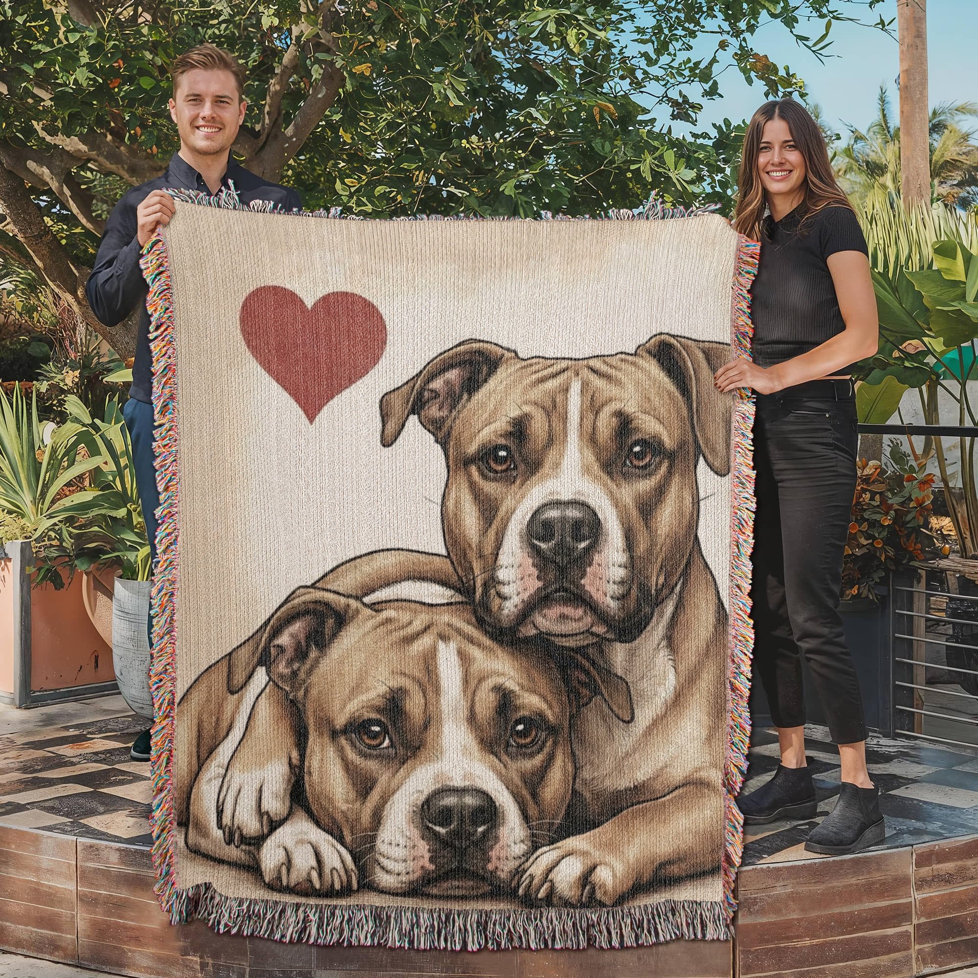 Two Pit Bulls Love Portrait Fringe Woven Blanket .
