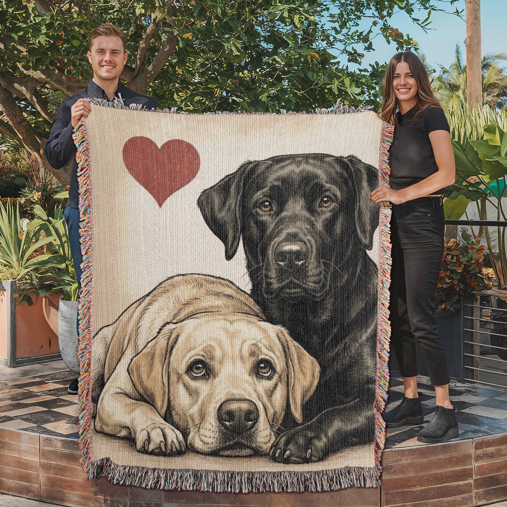 Two Labrador Retrievers Love Portrait Fringe Woven Blanket .
