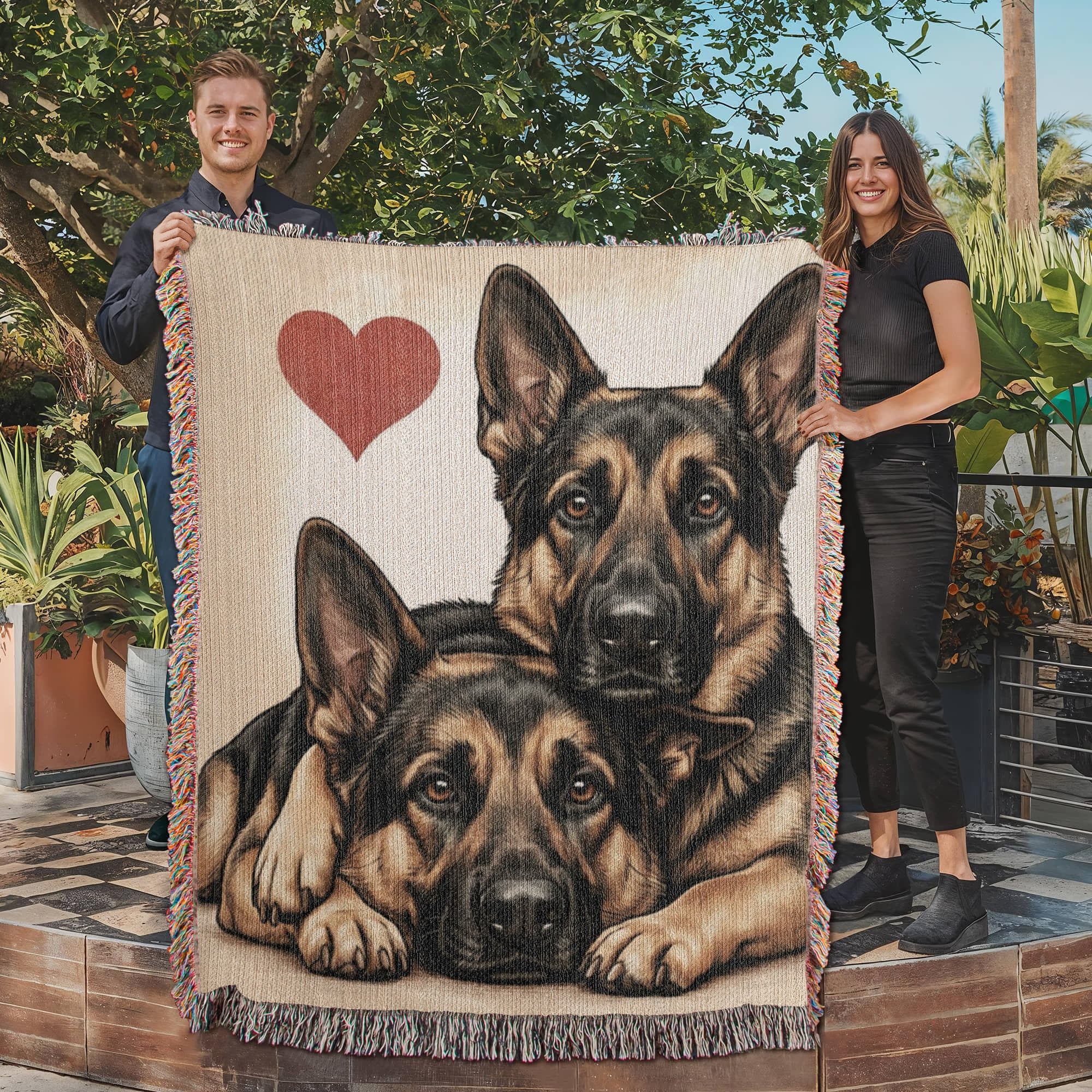 Two German Shepherds Love Portrait Fringe Woven Blanket