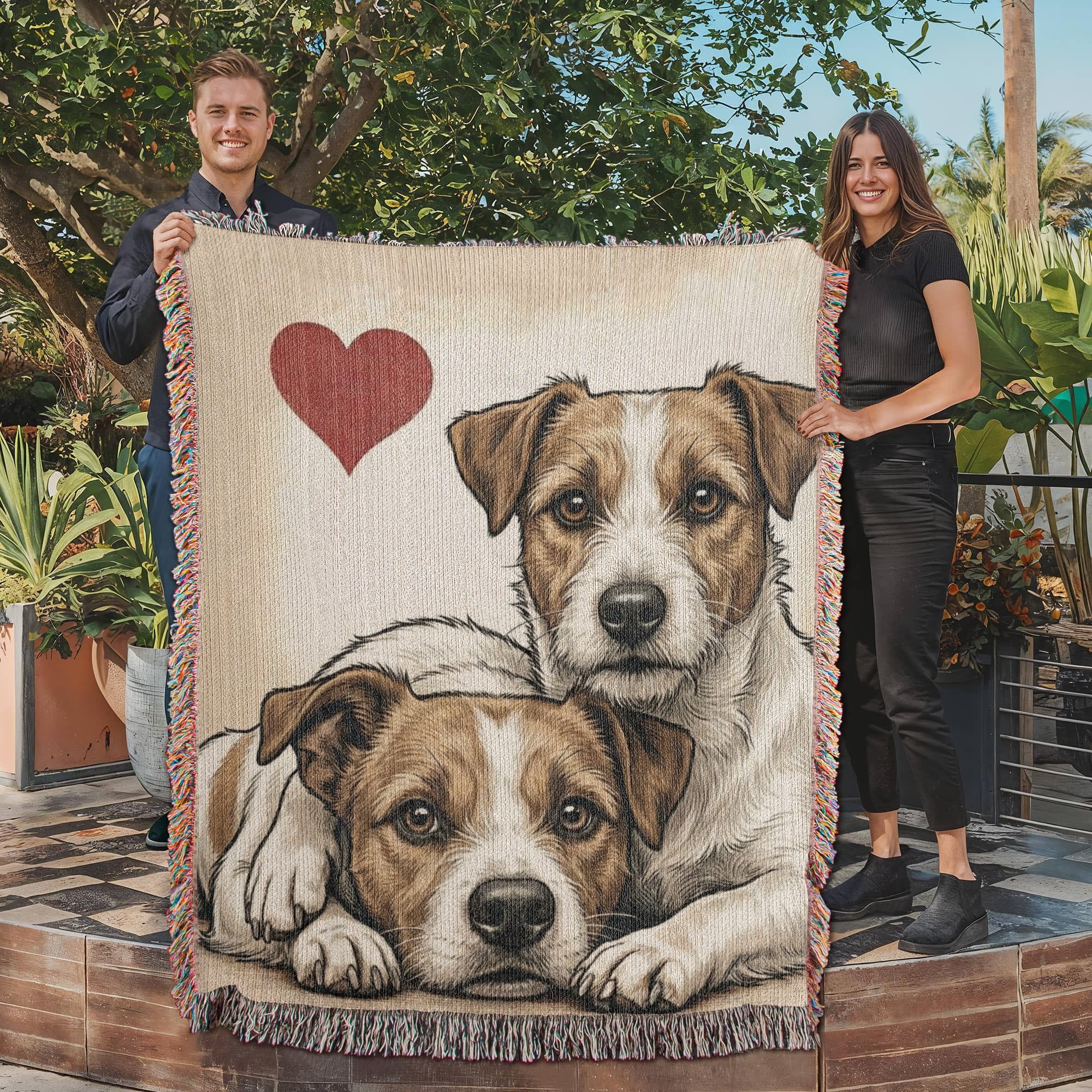 Two Jack Russell Terriers Love Portrait Fringe Woven Blanket