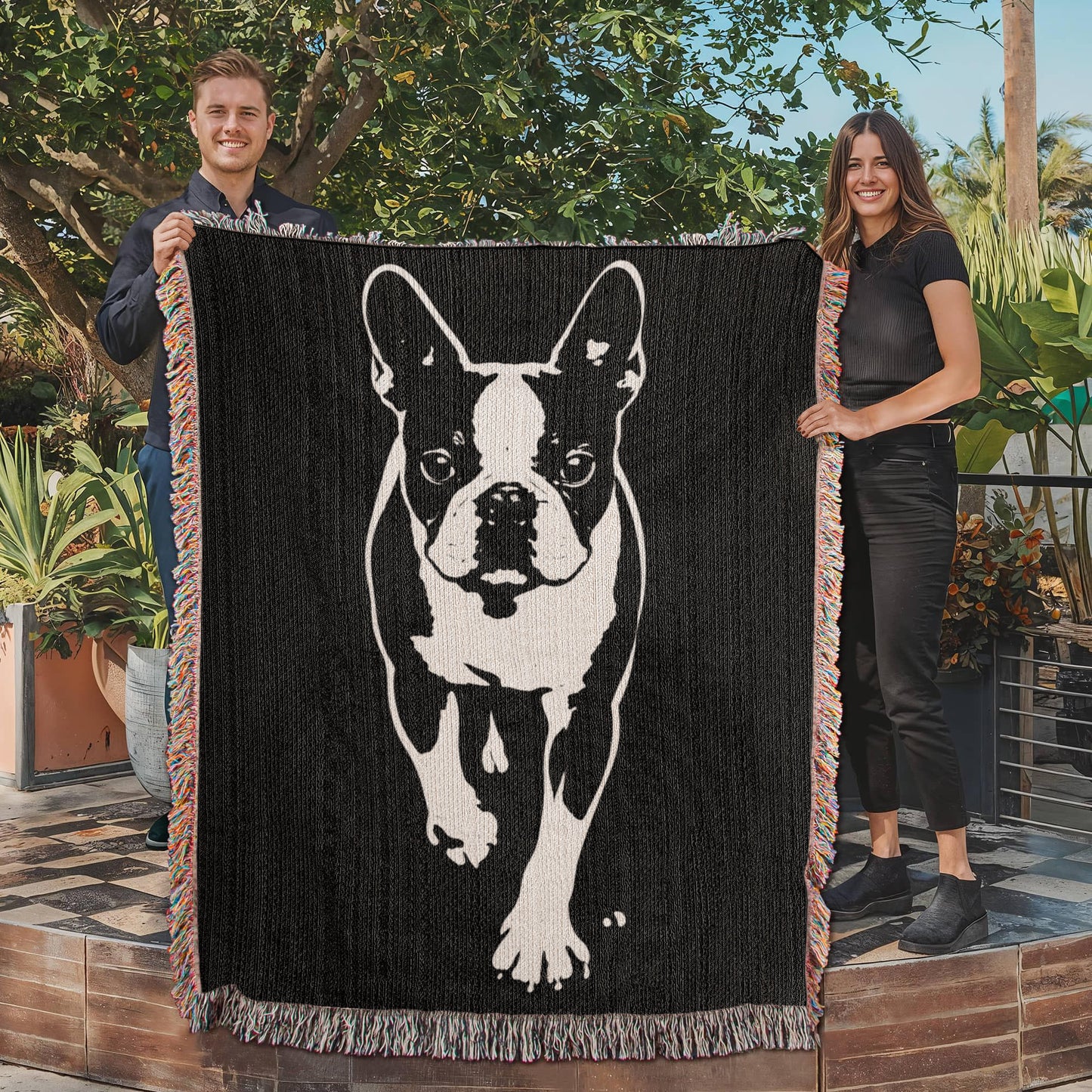 Boston Terrier Stencil Graphic – Minimalist Dog Lover Woven Blanket .