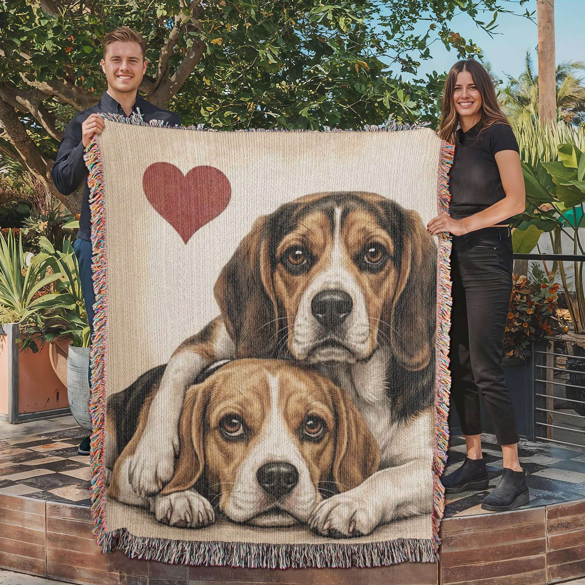 Two Beagles Love Portrait Fringe Woven Blanket .