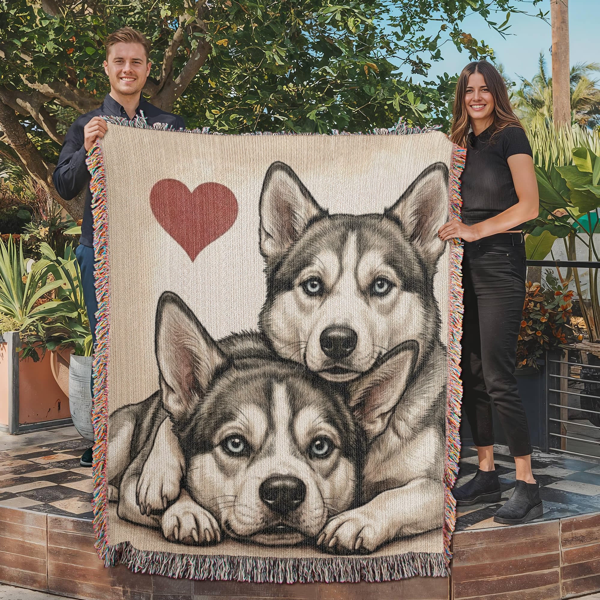Two Siberian Huskys Love Portrait Fringe Woven Blanket .