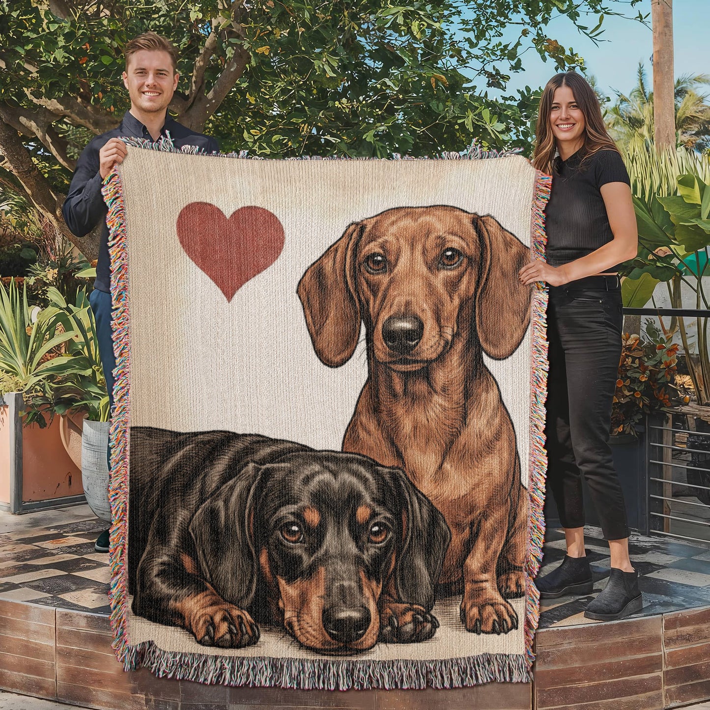 Two Dachshunds Love Portrait Fringe Woven Blanket .