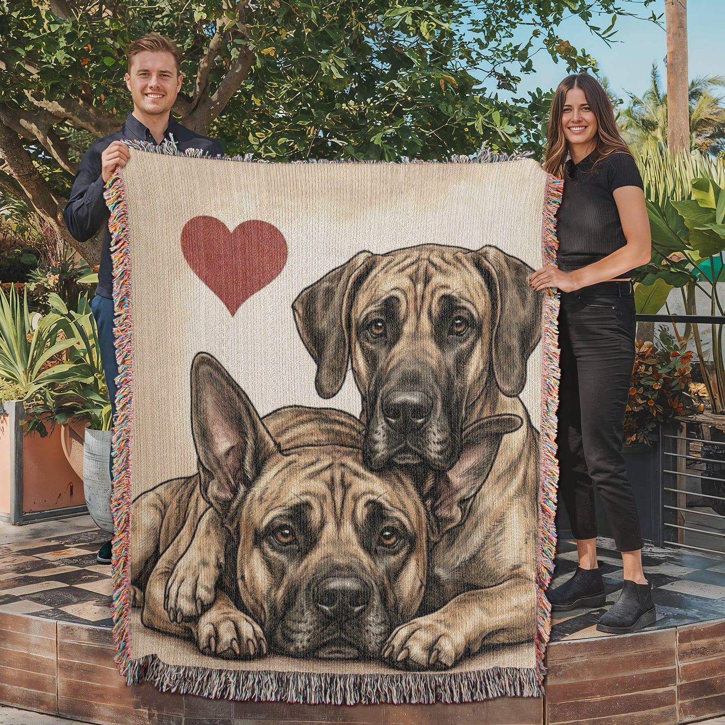 Two Great Danes Love Portrait Fringe Woven Blanket .