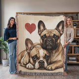 Two French Bulldogs Love Portrait Fringe Woven Blanket .