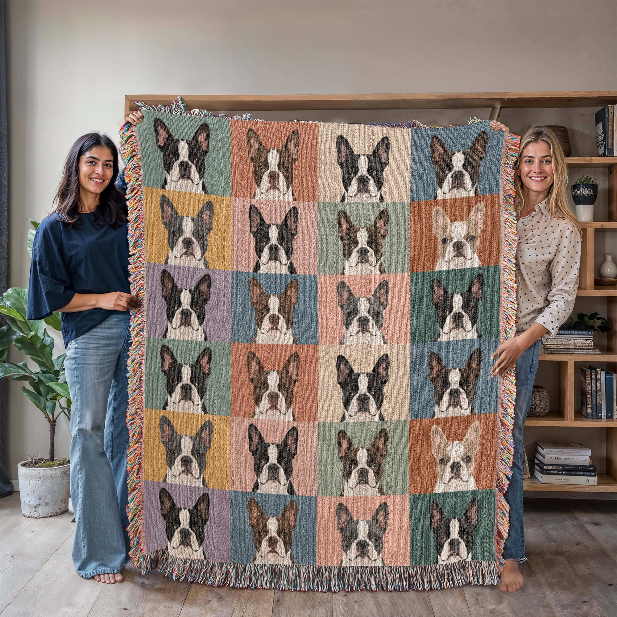 Pop Art Style Colored Boston Terriers Modern Tiles Pattern Woven Blanket .