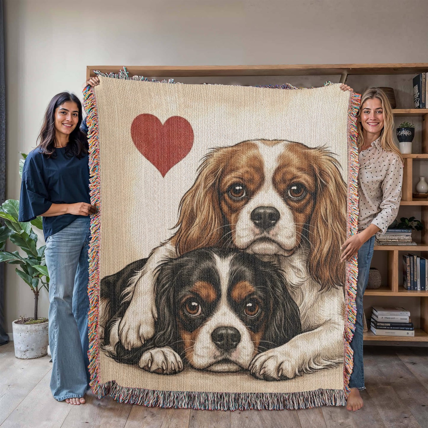 Two Cavalier King Charles Spaniels Love Portrait Fringe Woven Blanket .