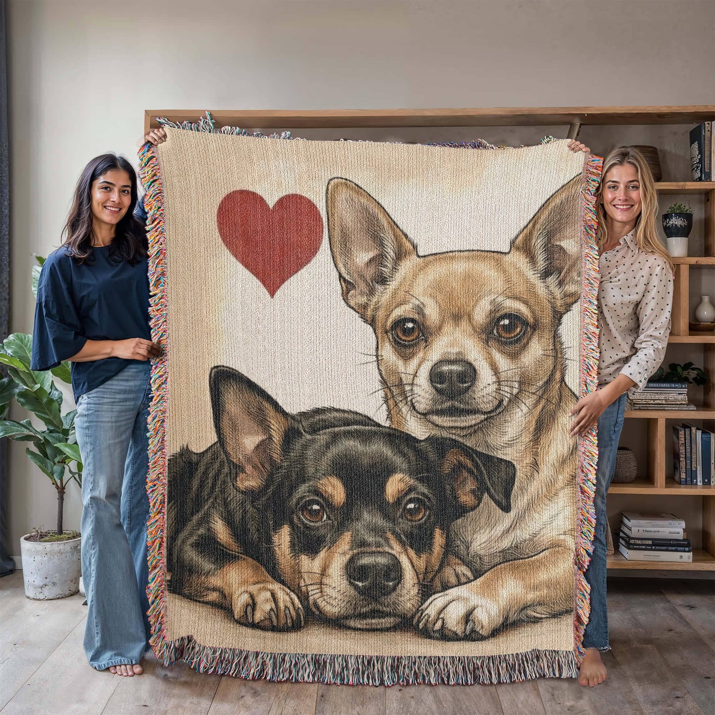 Two Chihuahuas Love Portrait Fringe Woven Blanket