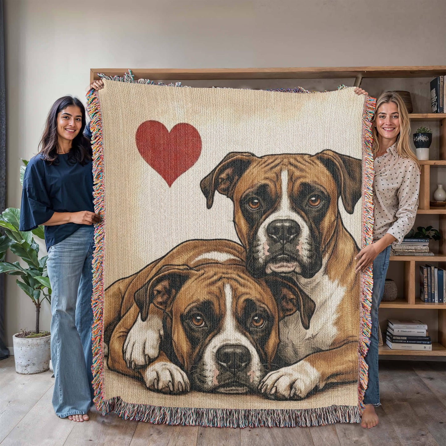 Two Boxers Love Portrait Fringe Woven Blanket