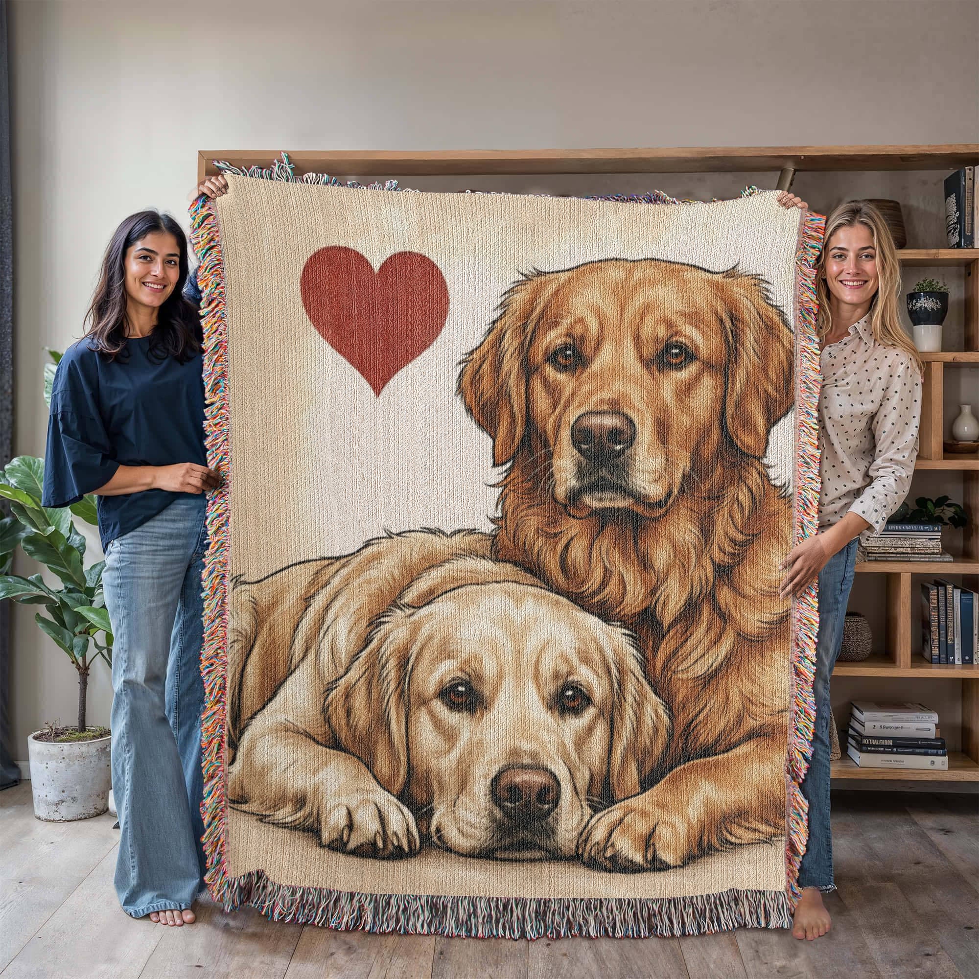 Two Golden Retrievers Love Portrait Fringe Woven Blanket .