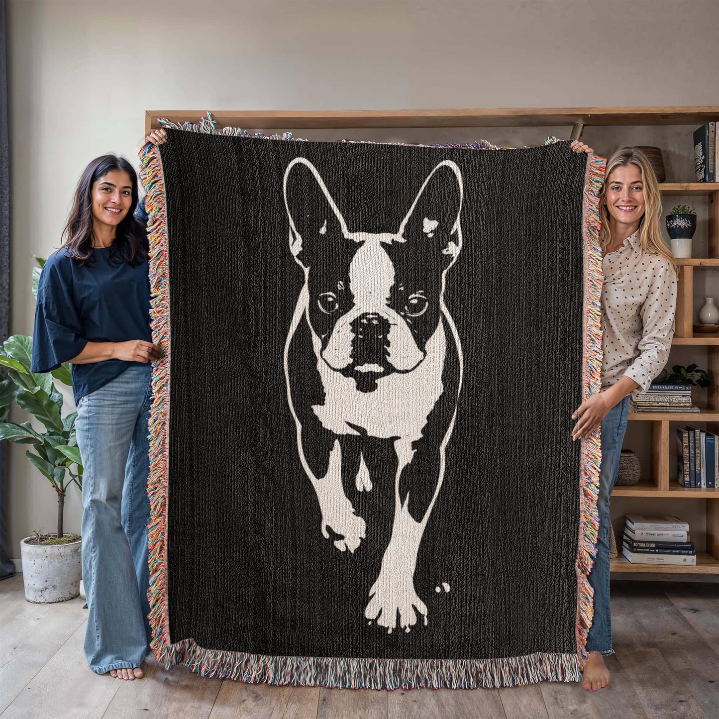Boston Terrier Stencil Graphic – Minimalist Dog Lover Woven Blanket .