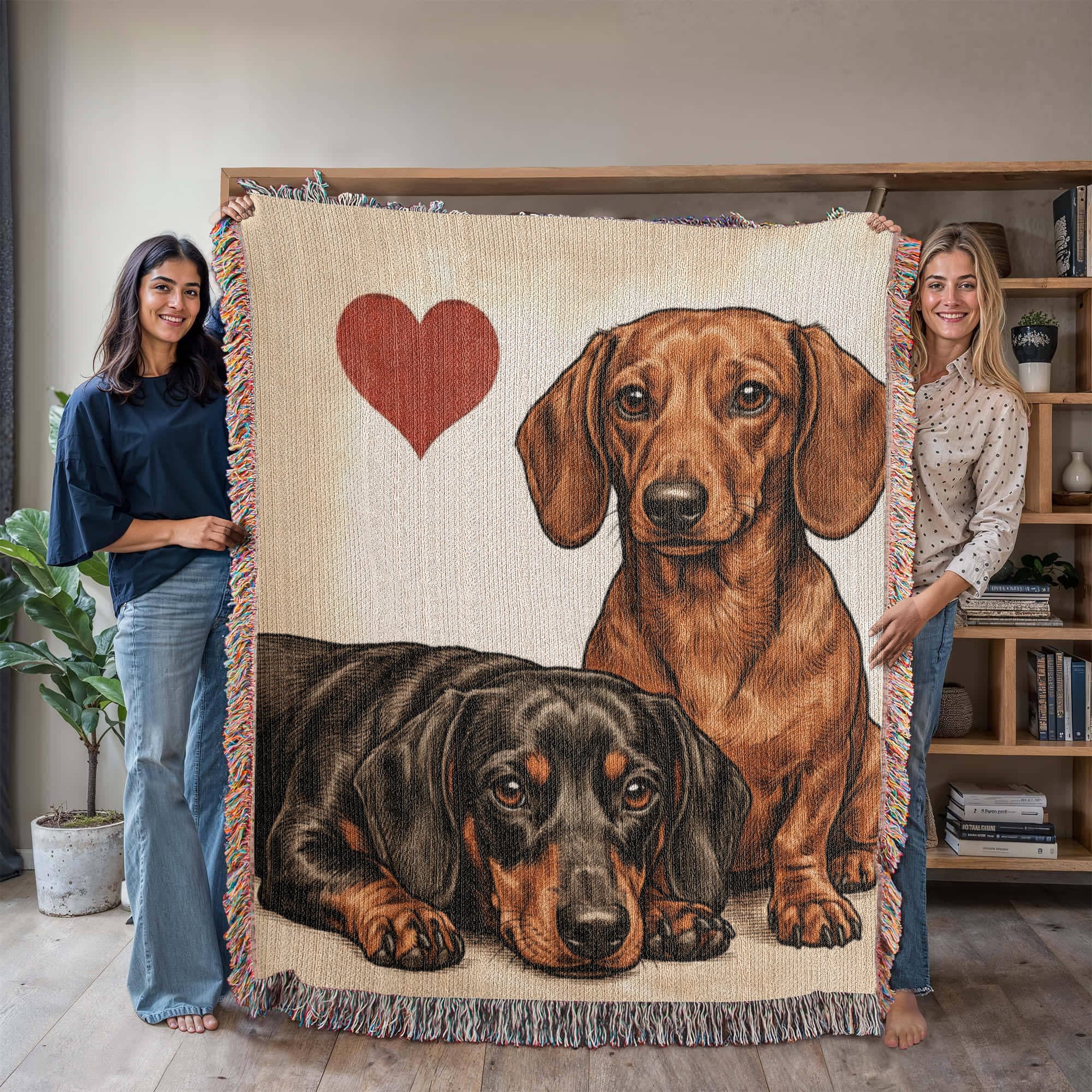 Two Dachshunds Love Portrait Fringe Woven Blanket .
