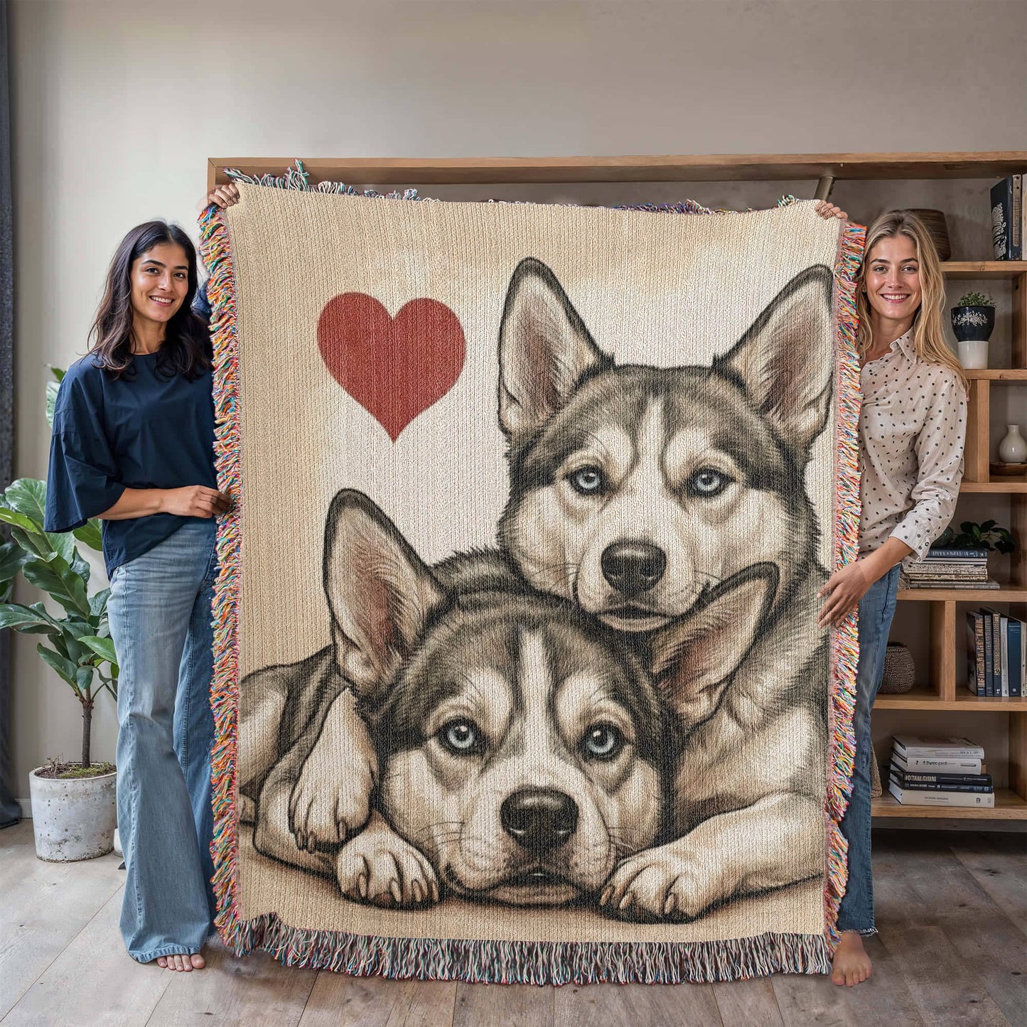 Two Siberian Huskys Love Portrait Fringe Woven Blanket .