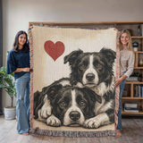 Two Border Collies Love Portrait Fringe Woven Blanket .