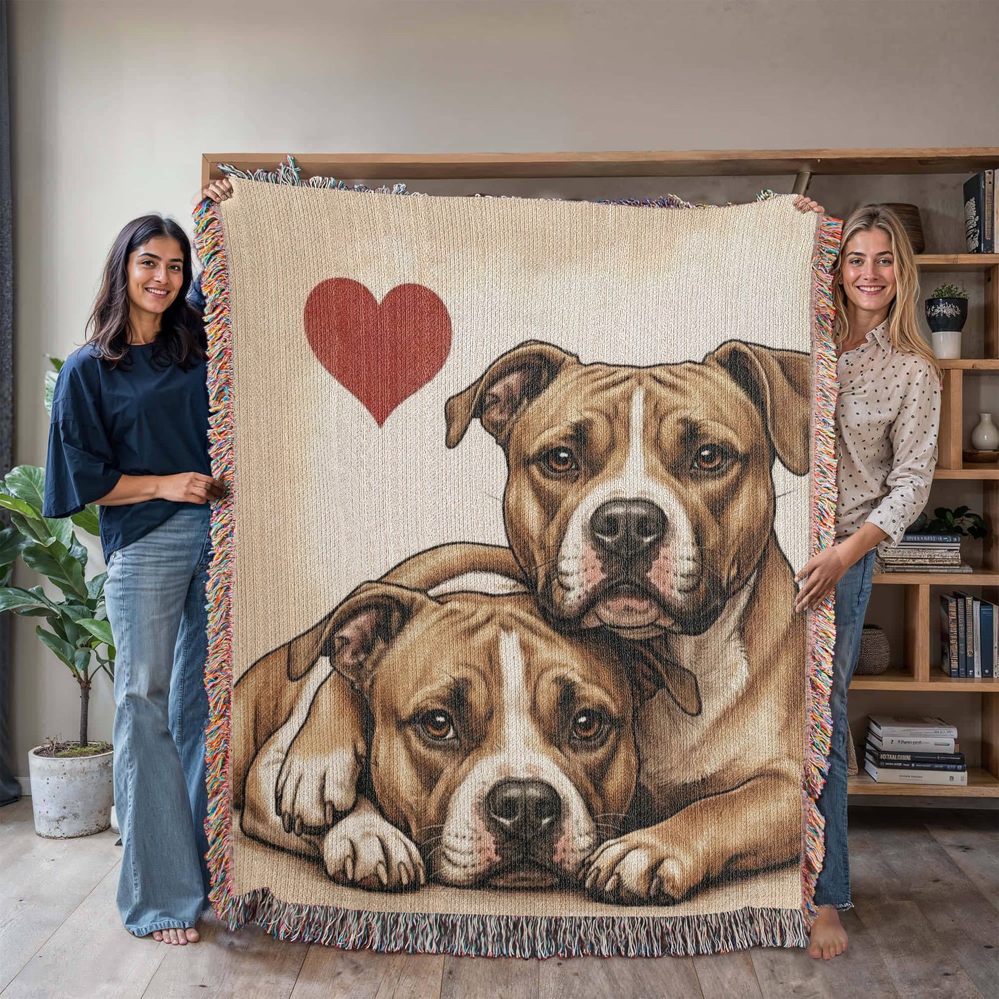 Two Pit Bulls Love Portrait Fringe Woven Blanket .