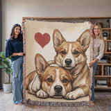 Two Corgis Love Portrait Fringe Woven Blanket .