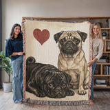 Two Pugs Love Portrait Fringe Woven Blanket .