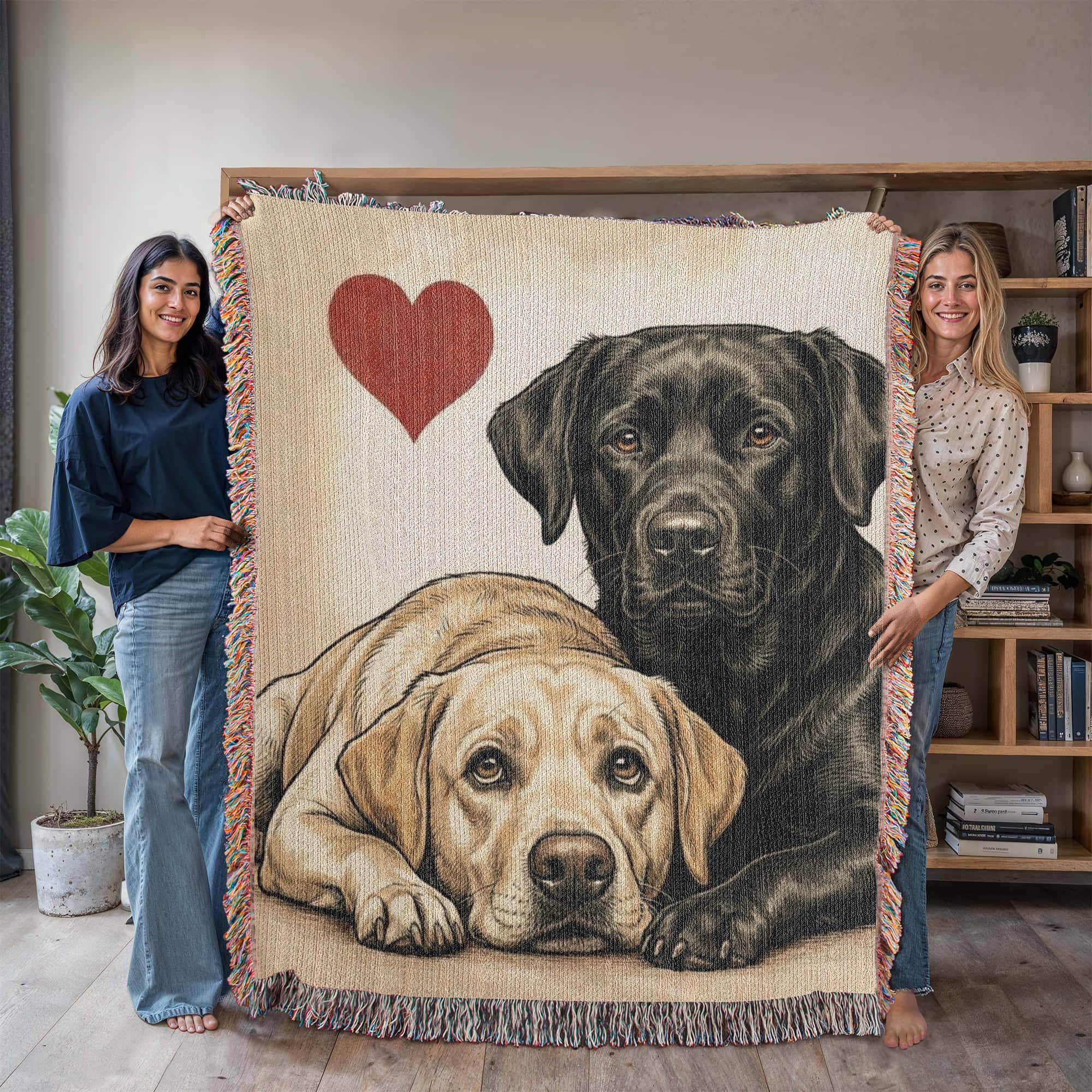 Two Labrador Retrievers Love Portrait Fringe Woven Blanket .