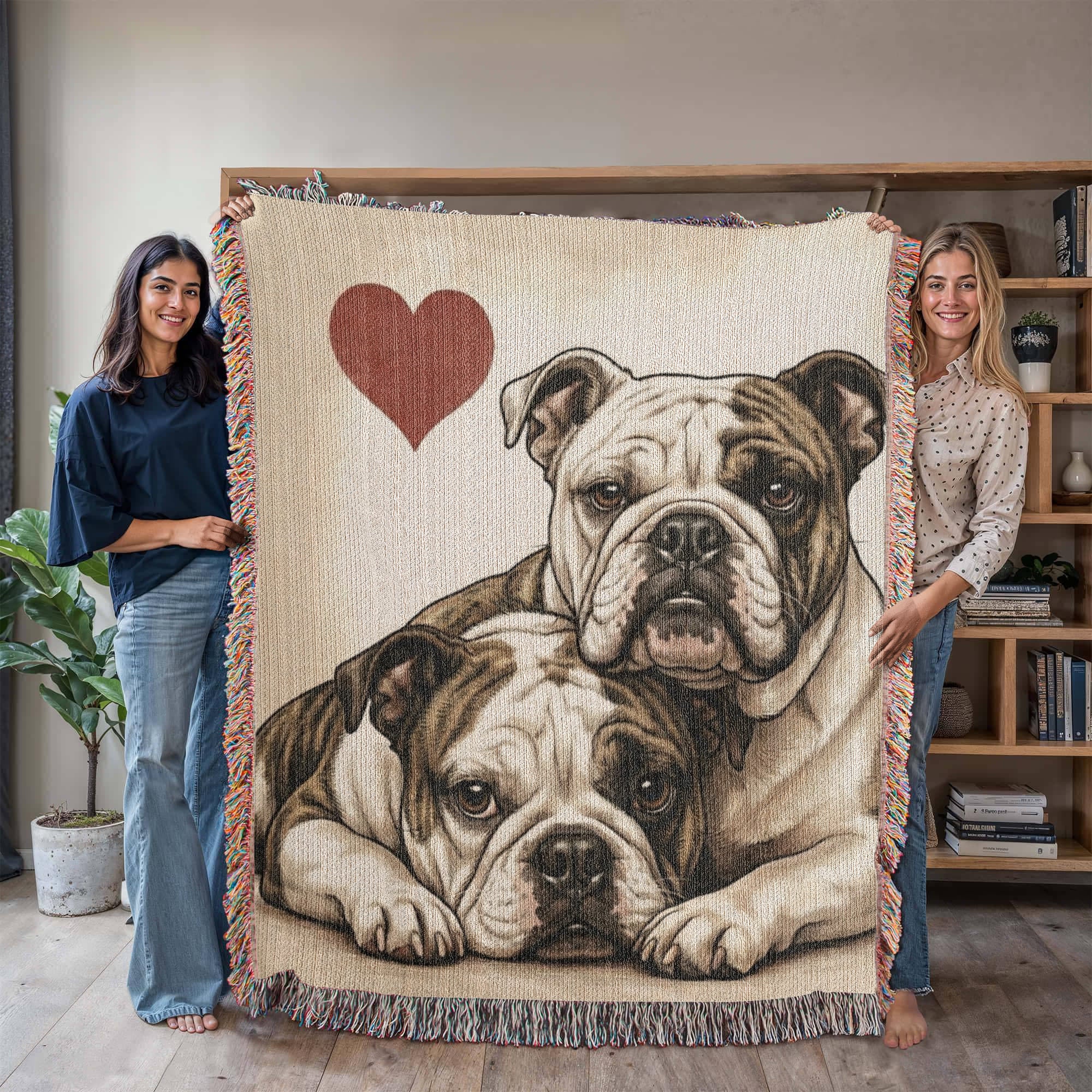Two English Bullogs Love Portrait Fringe Woven Blanket .