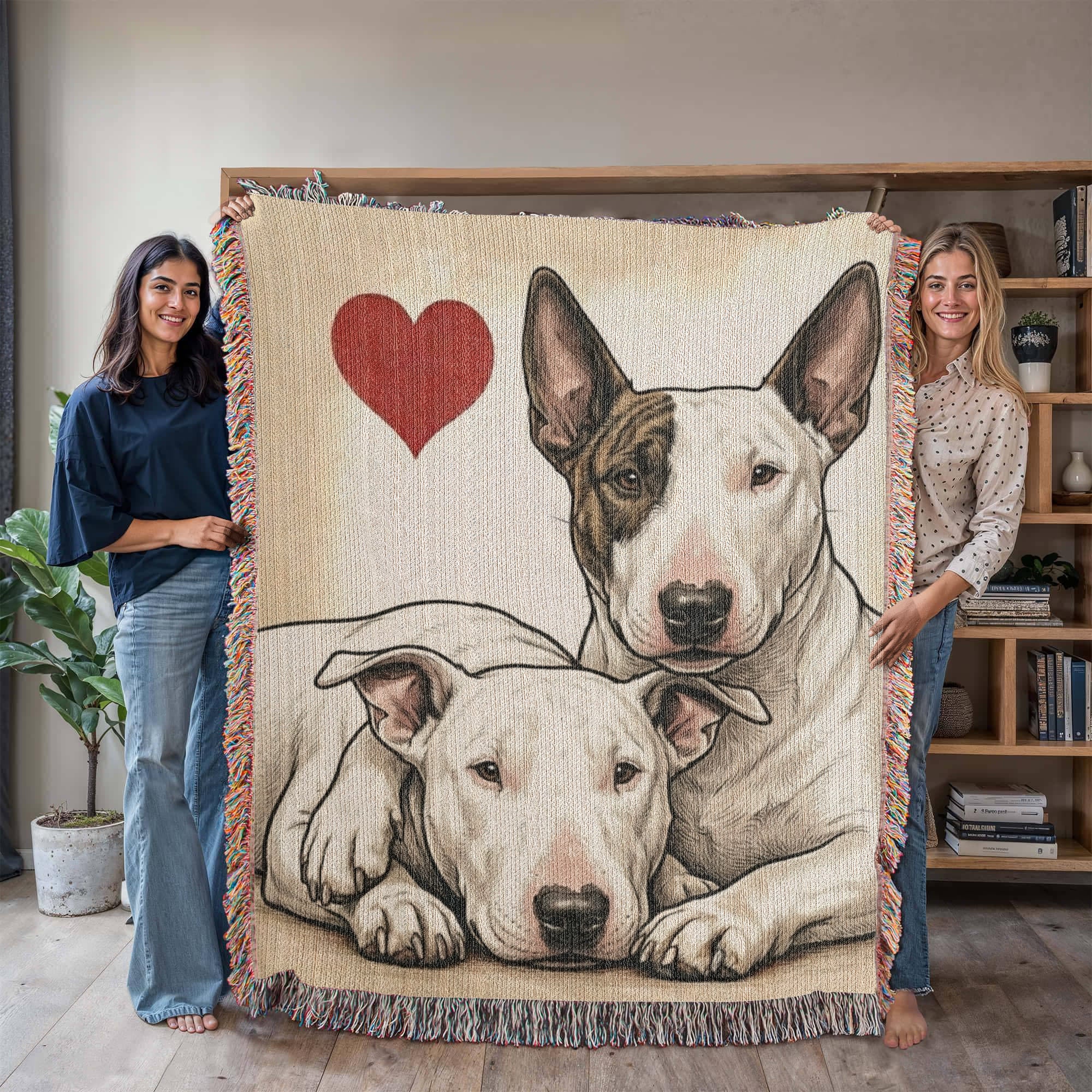 Two Miniature Bull Terriers Love Portrait Fringe Woven Blanket