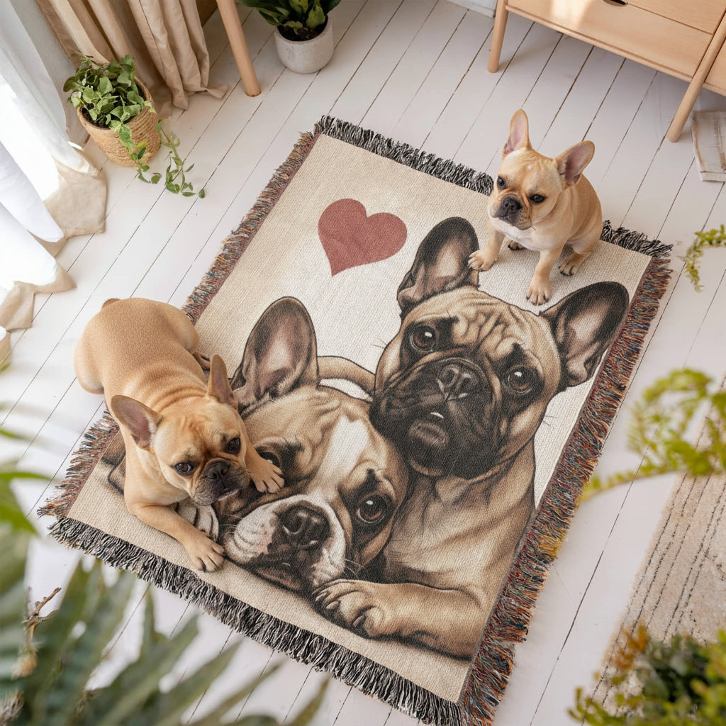 Two French Bulldogs Love Portrait Fringe Woven Blanket .