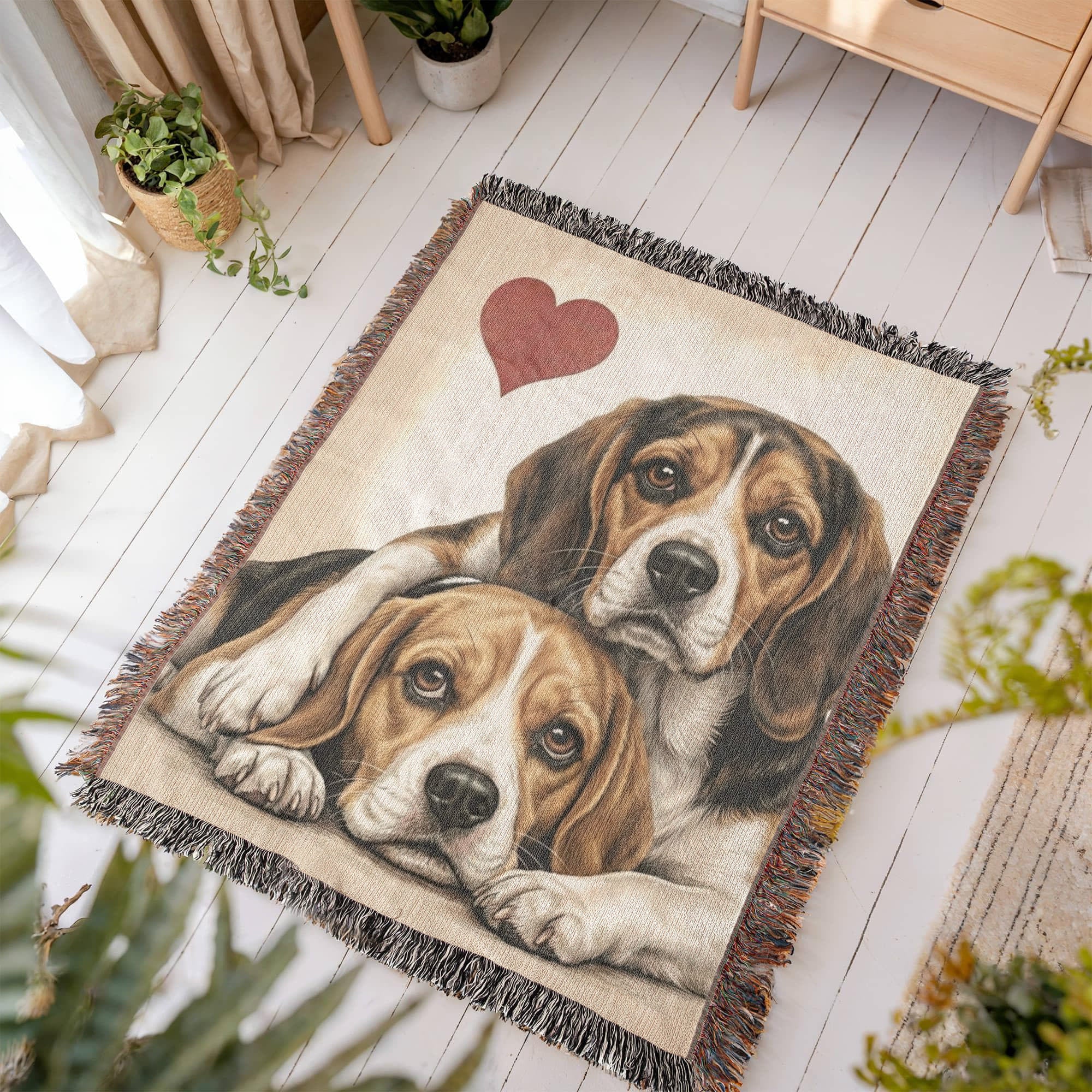 Two Beagles Love Portrait Fringe Woven Blanket .