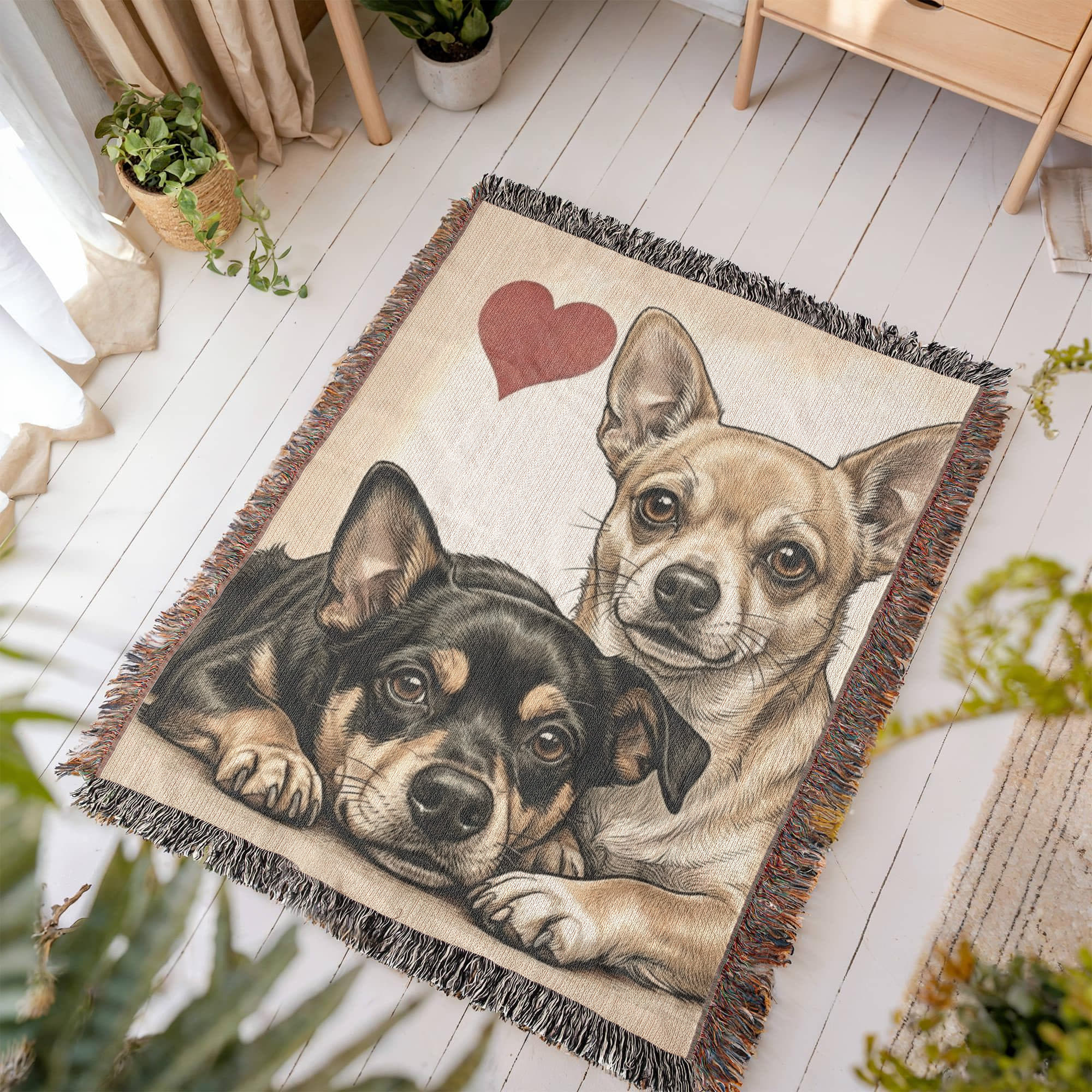 Two Chihuahuas Love Portrait Fringe Woven Blanket