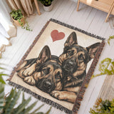 Two German Shepherds Love Portrait Fringe Woven Blanket