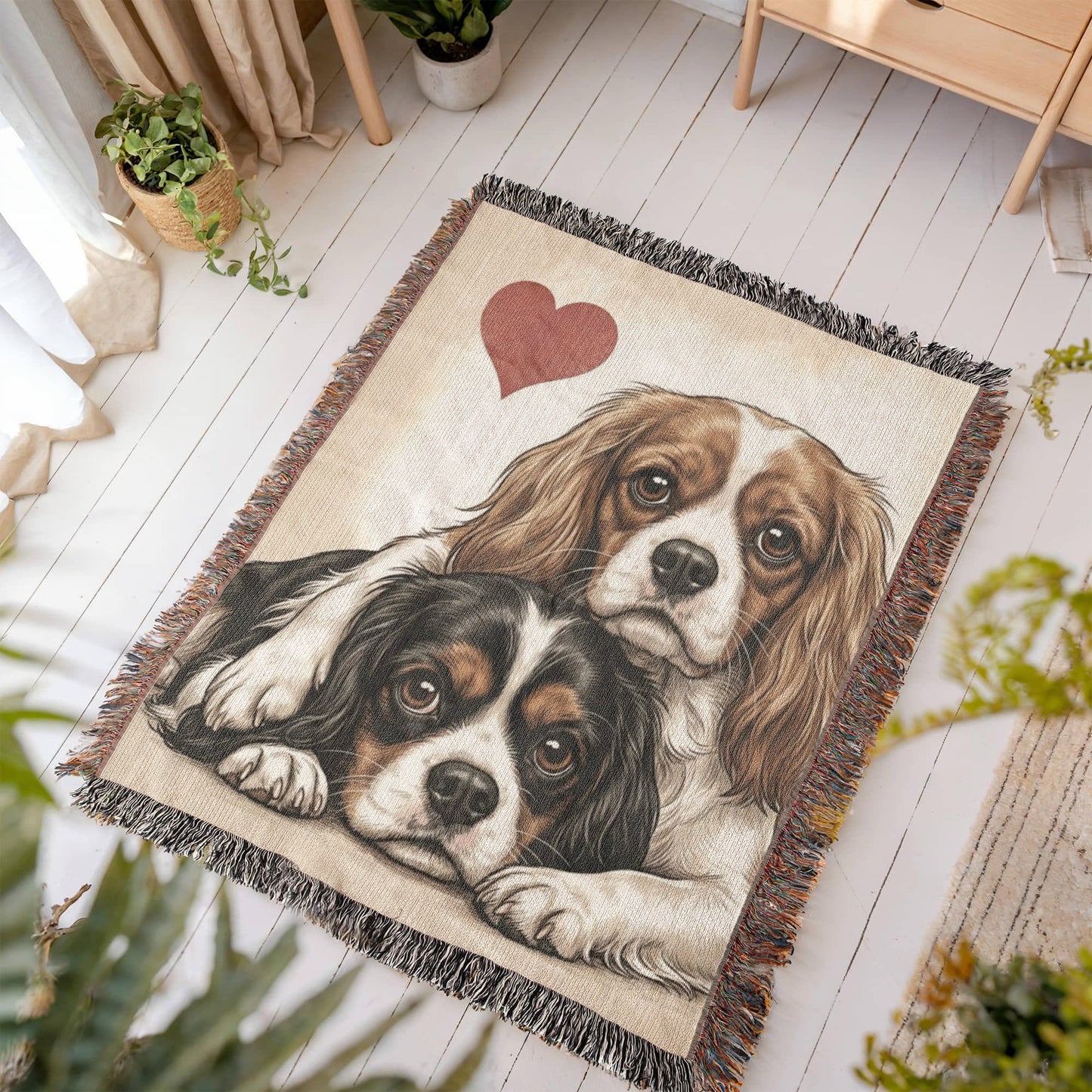 Two Cavalier King Charles Spaniels Love Portrait Fringe Woven Blanket .