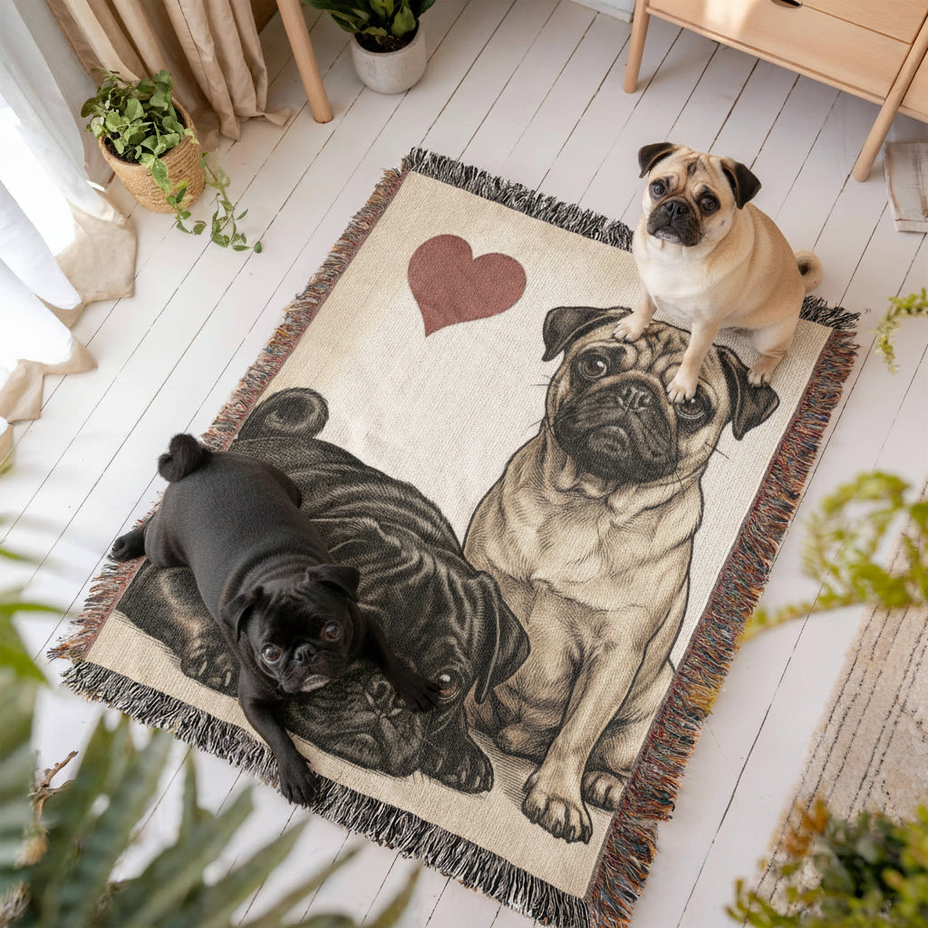 Two Pugs Love Portrait Fringe Woven Blanket .