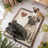 Two Pugs Love Portrait Fringe Woven Blanket .