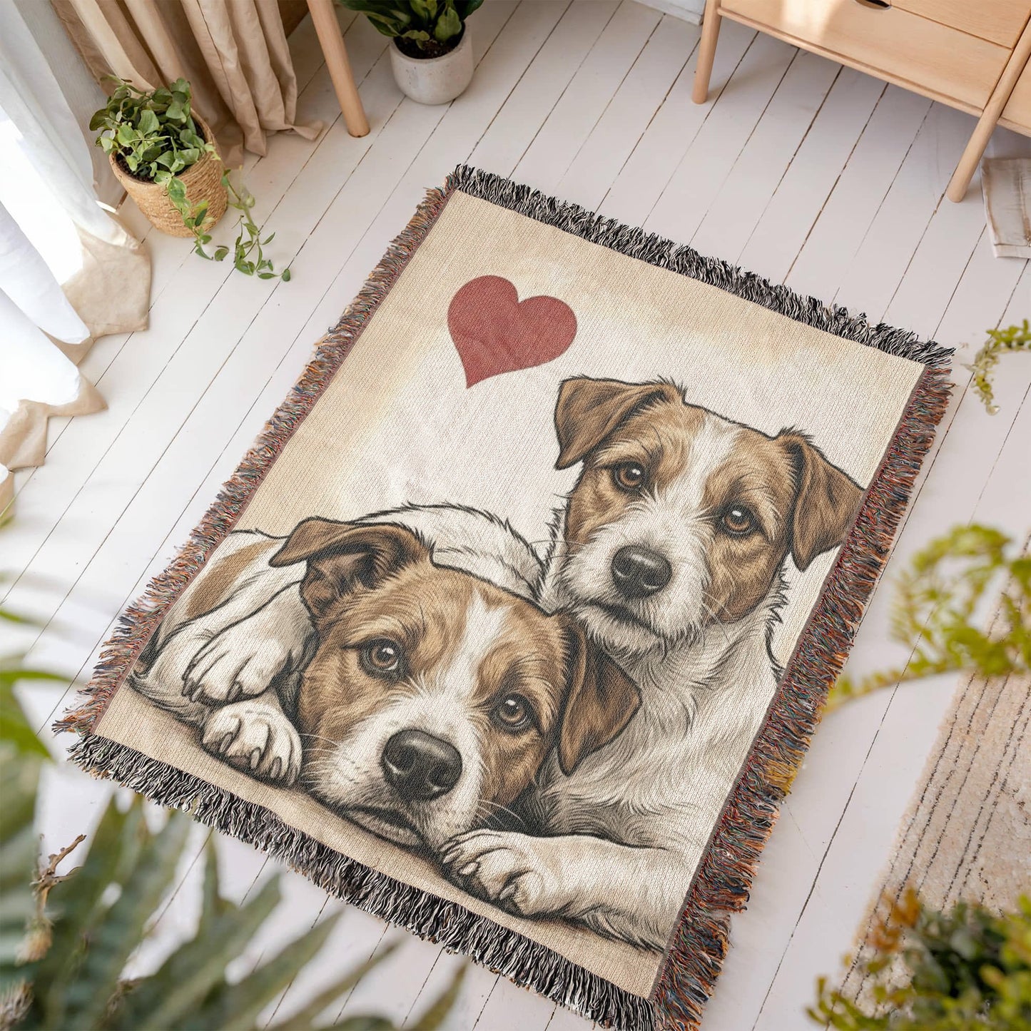 Two Jack Russell Terriers Love Portrait Fringe Woven Blanket