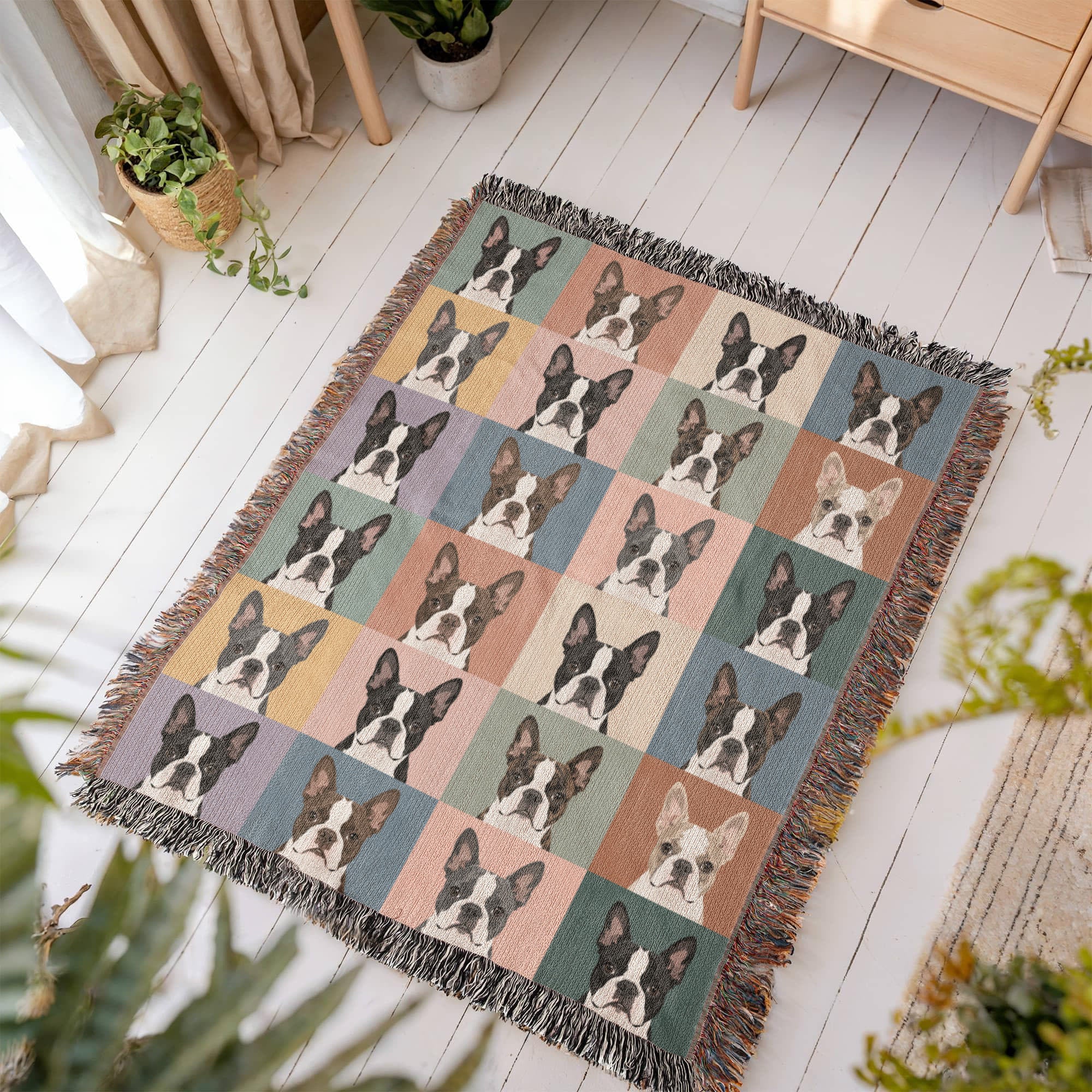 Pop Art Style Colored Boston Terriers Modern Tiles Pattern Woven Blanket .
