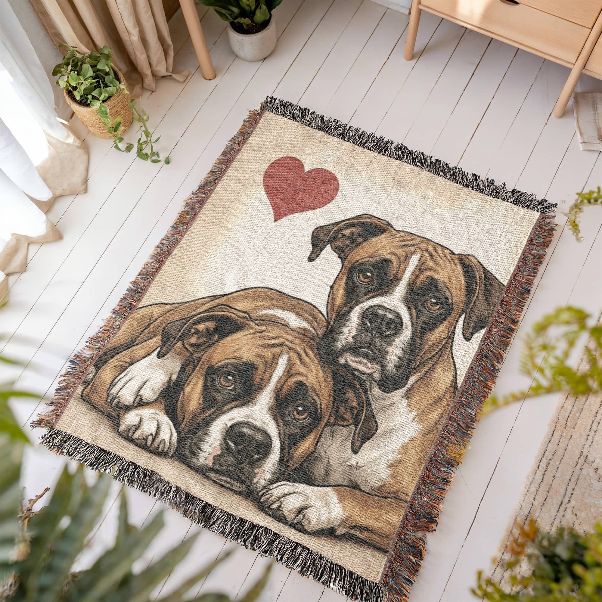 Two Boxers Love Portrait Fringe Woven Blanket
