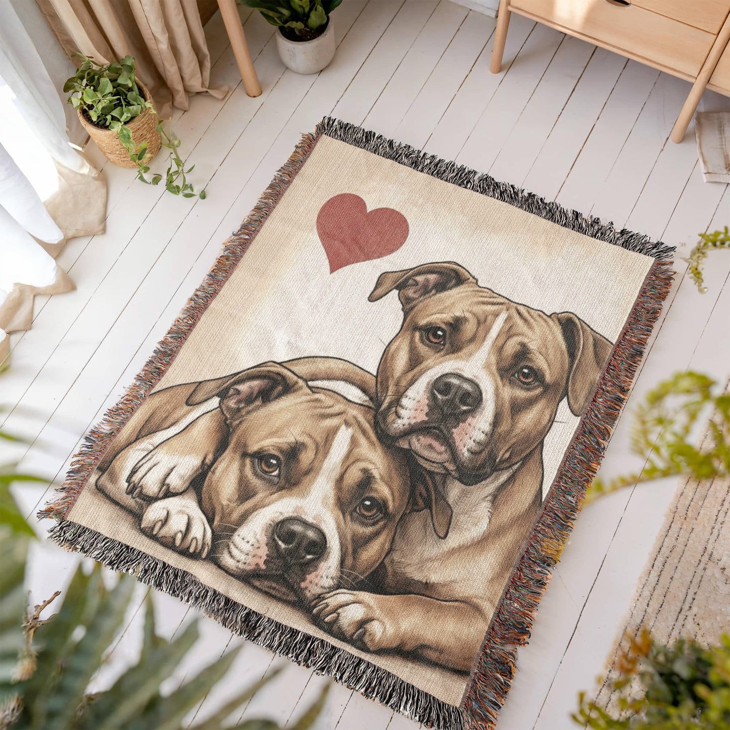 Two Pit Bulls Love Portrait Fringe Woven Blanket .