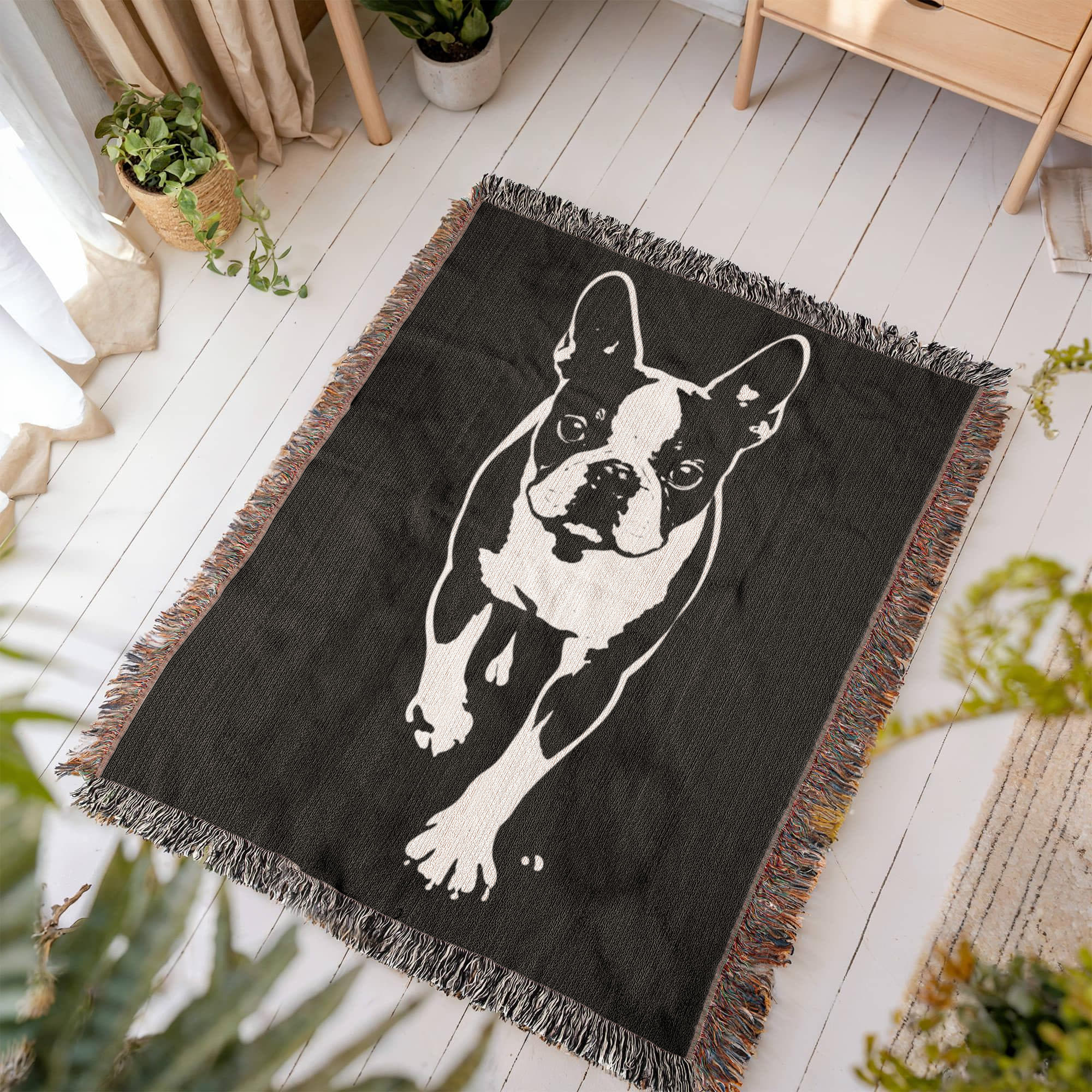 Boston Terrier Stencil Graphic – Minimalist Dog Lover Woven Blanket .