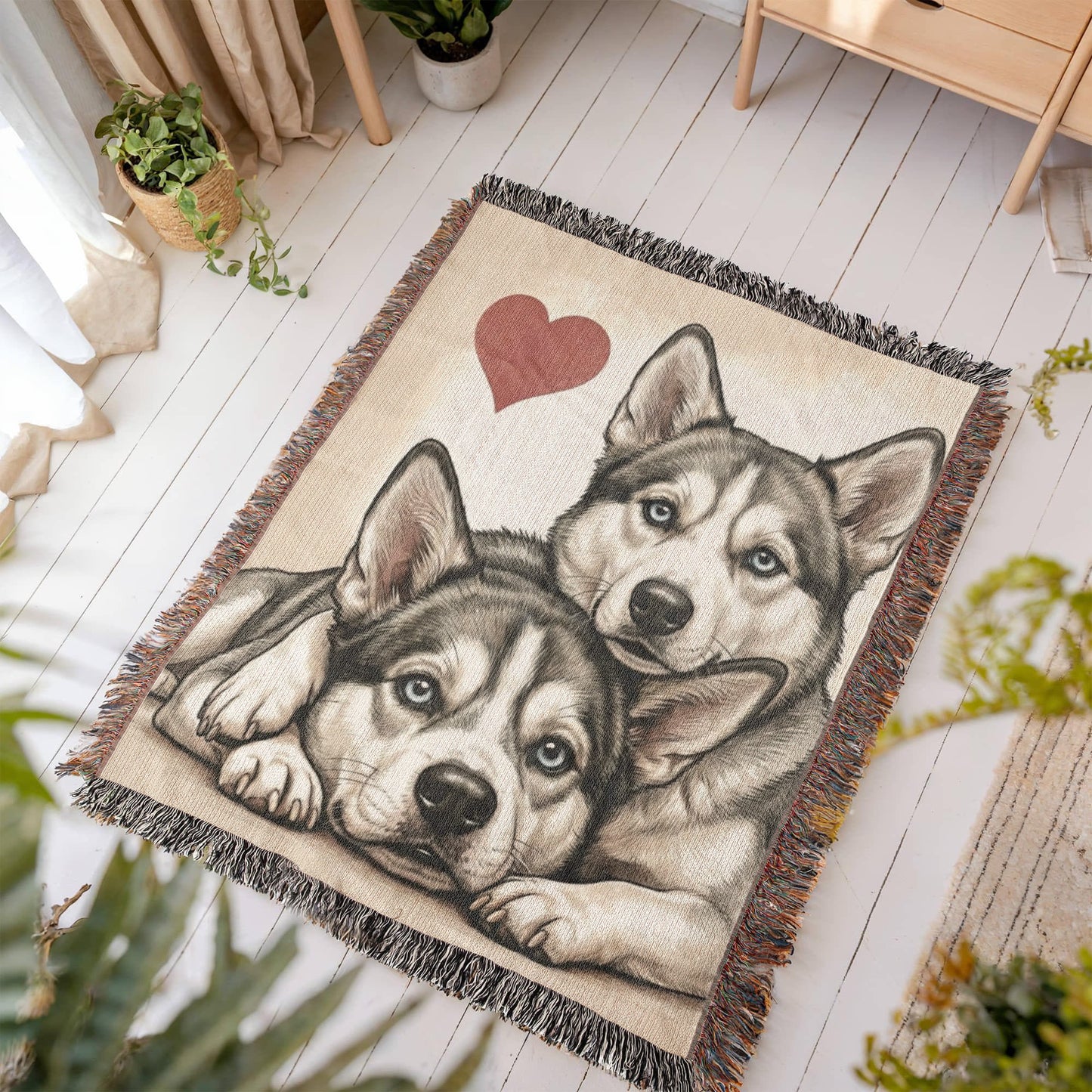 Two Siberian Huskys Love Portrait Fringe Woven Blanket .